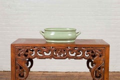 Chinese Vintage Celadon Foot Bath with Two Handles and Foliage Motifs