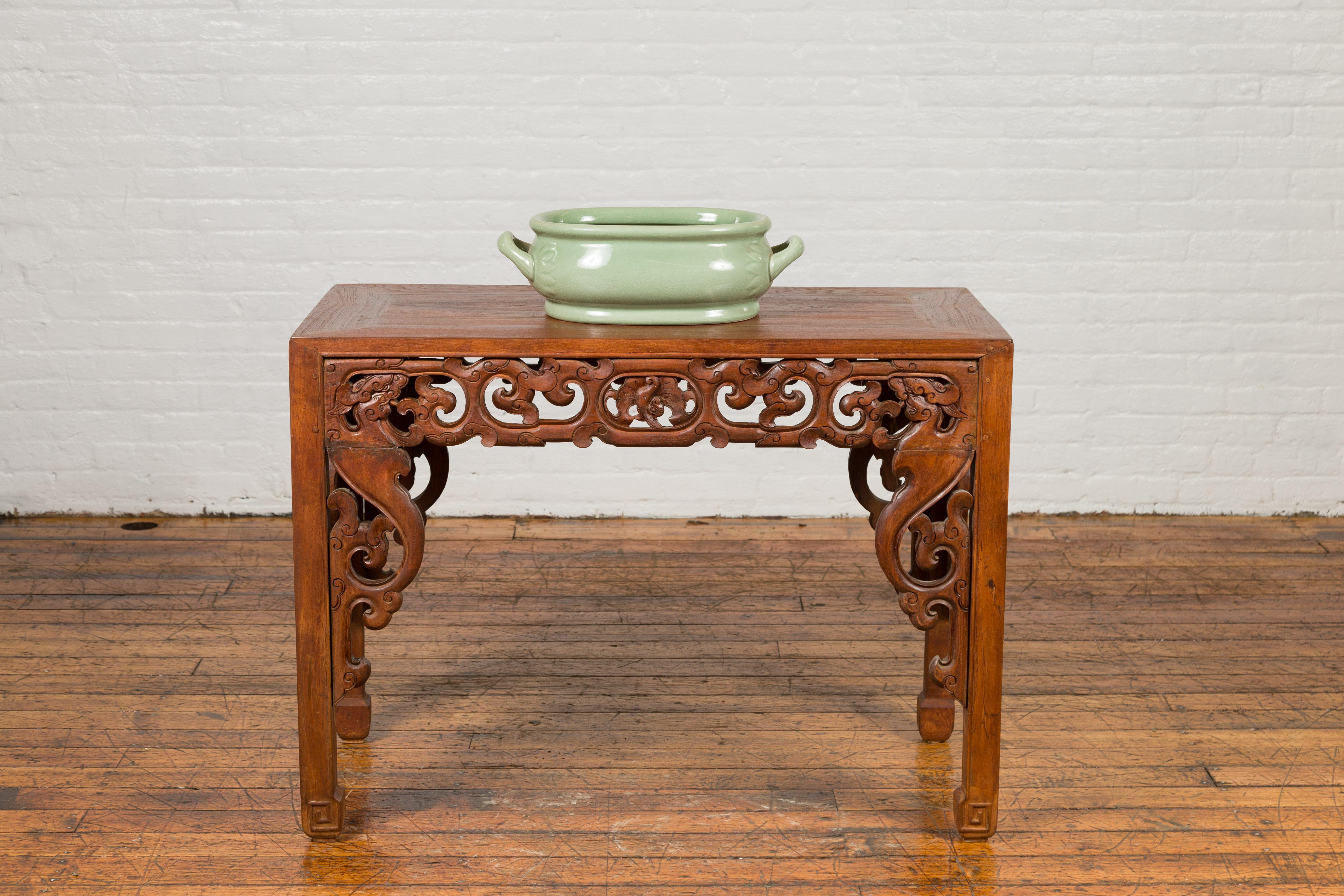 20th Century Chinese Vintage Celadon Foot Bath with Two Handles and Foliage Motifs For Sale