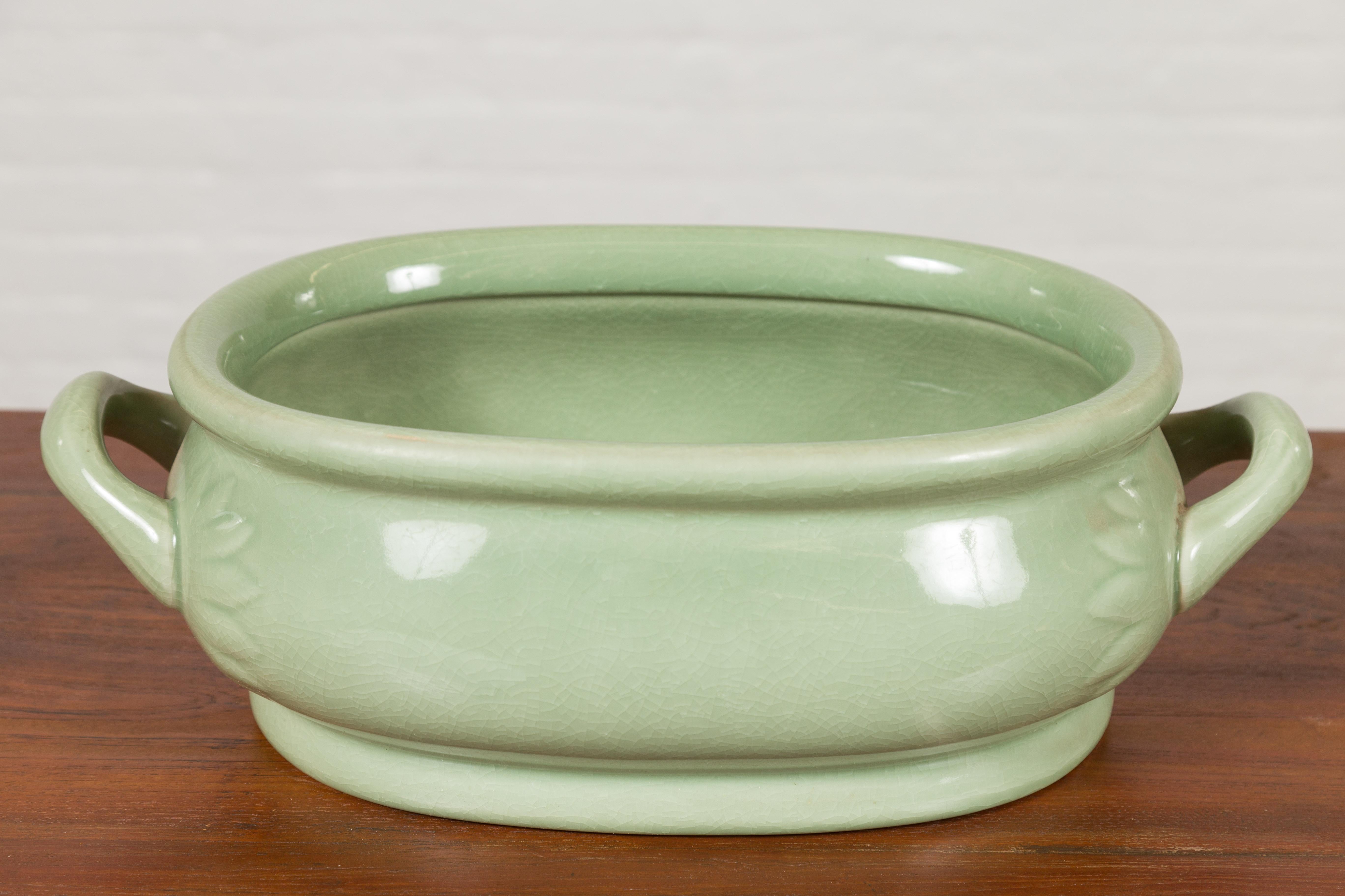 Chinese Vintage Celadon Foot Bath with Two Handles and Foliage Motifs For Sale 2