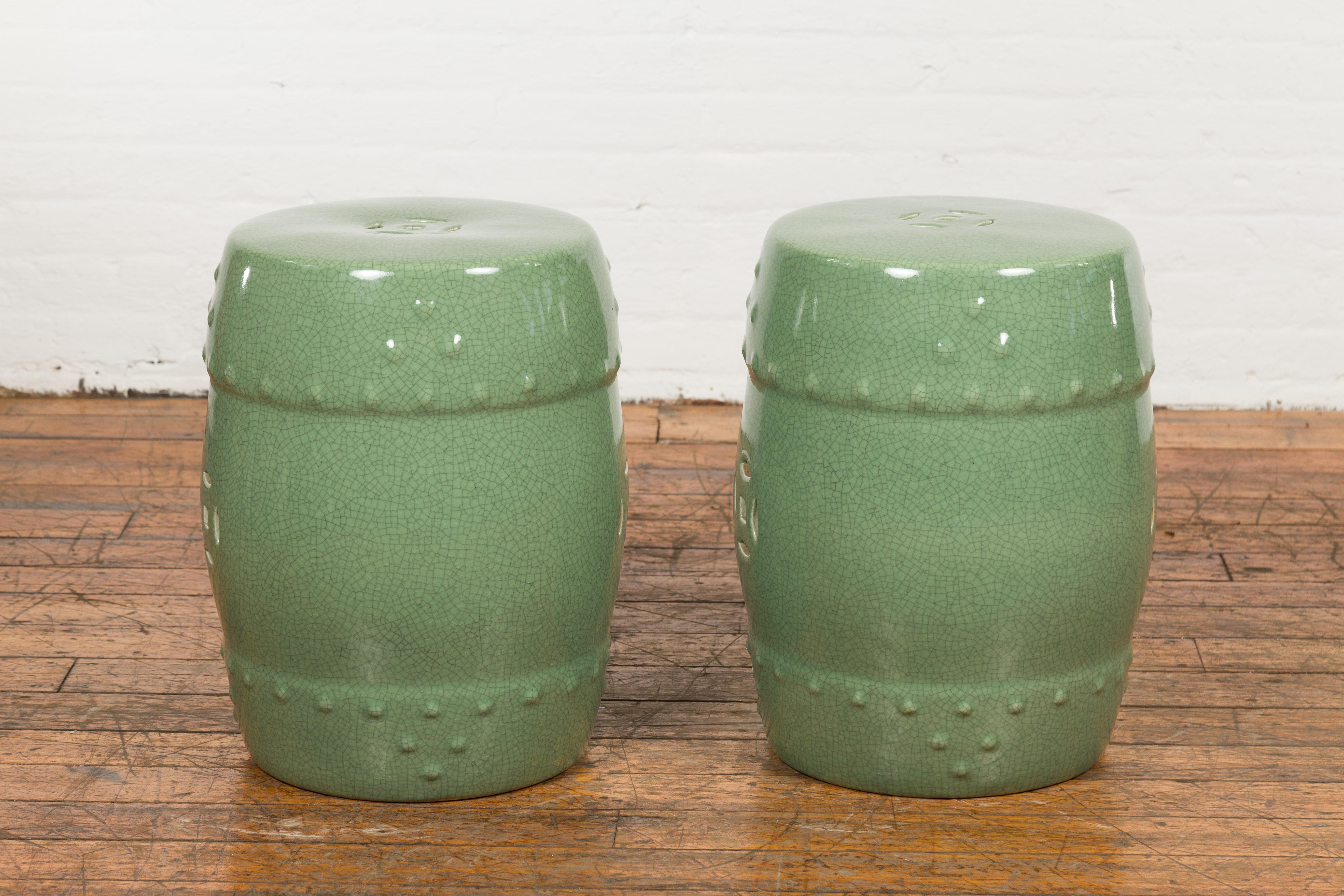 Chinese Vintage Celadon Glazed Garden Stools with Pierced Motifs, Sold Each 6