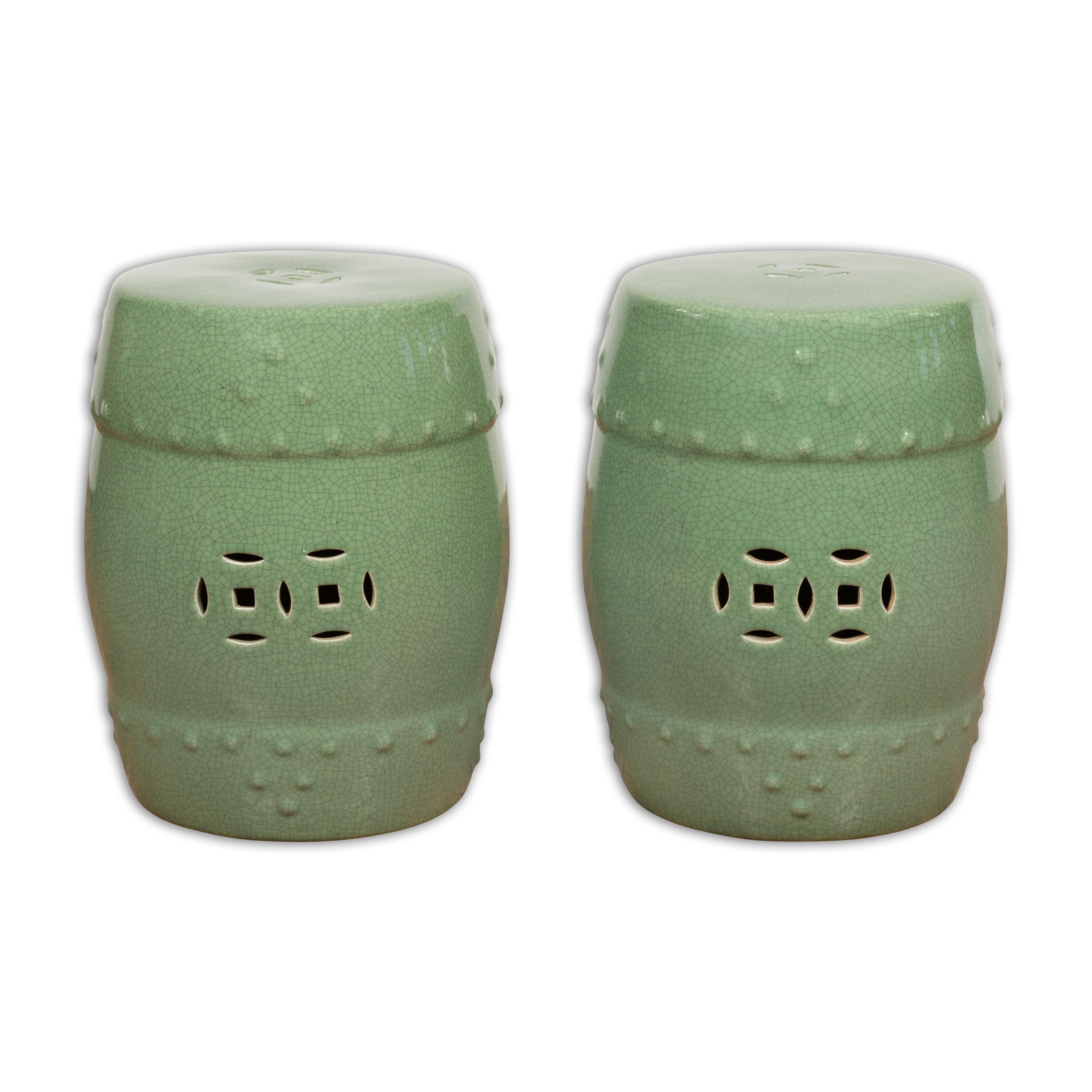 Chinese Vintage Celadon Glazed Garden Stools with Pierced Motifs, Sold Each 9
