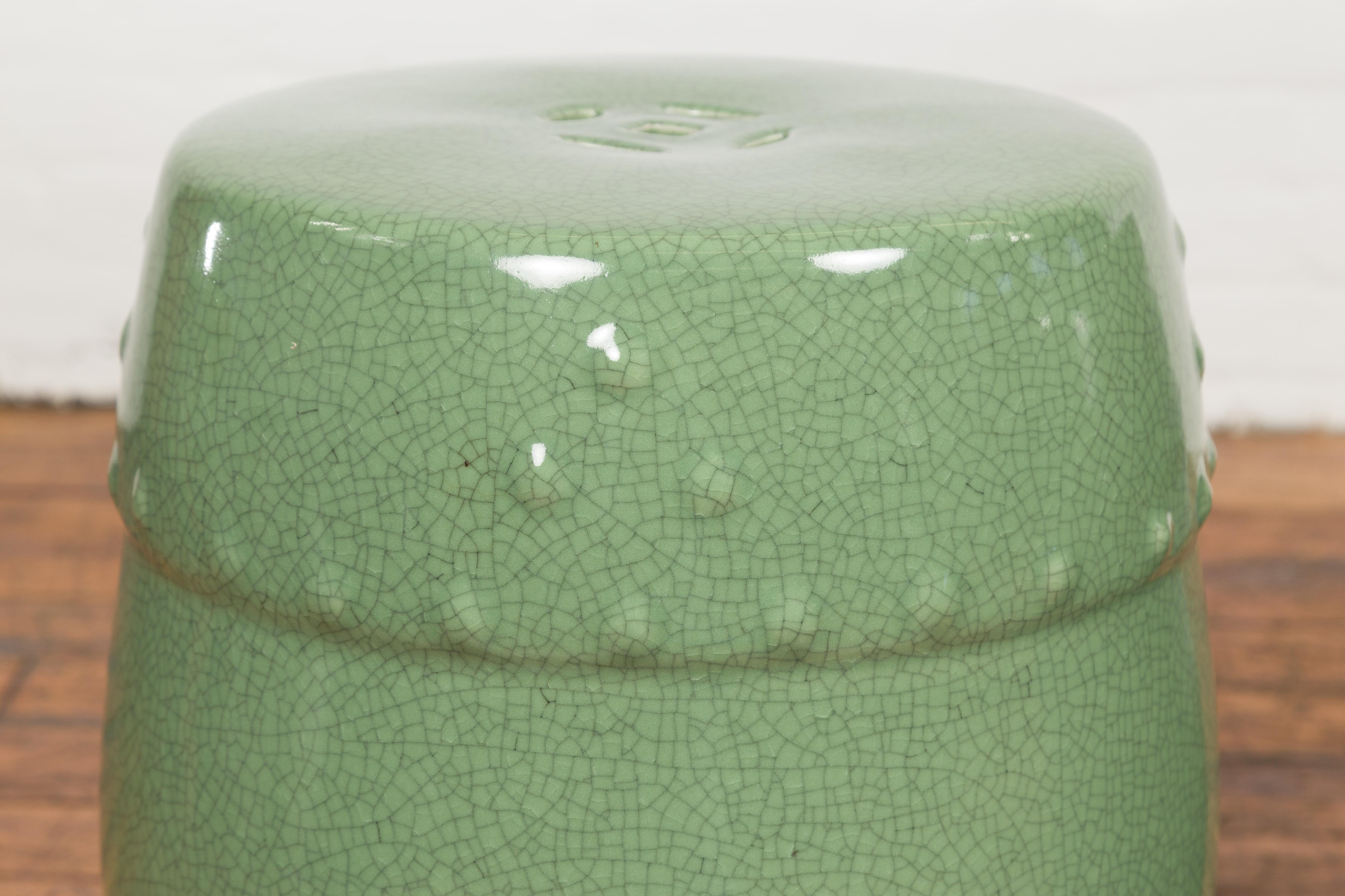 20th Century Chinese Vintage Celadon Glazed Garden Stools with Pierced Motifs, Sold Each