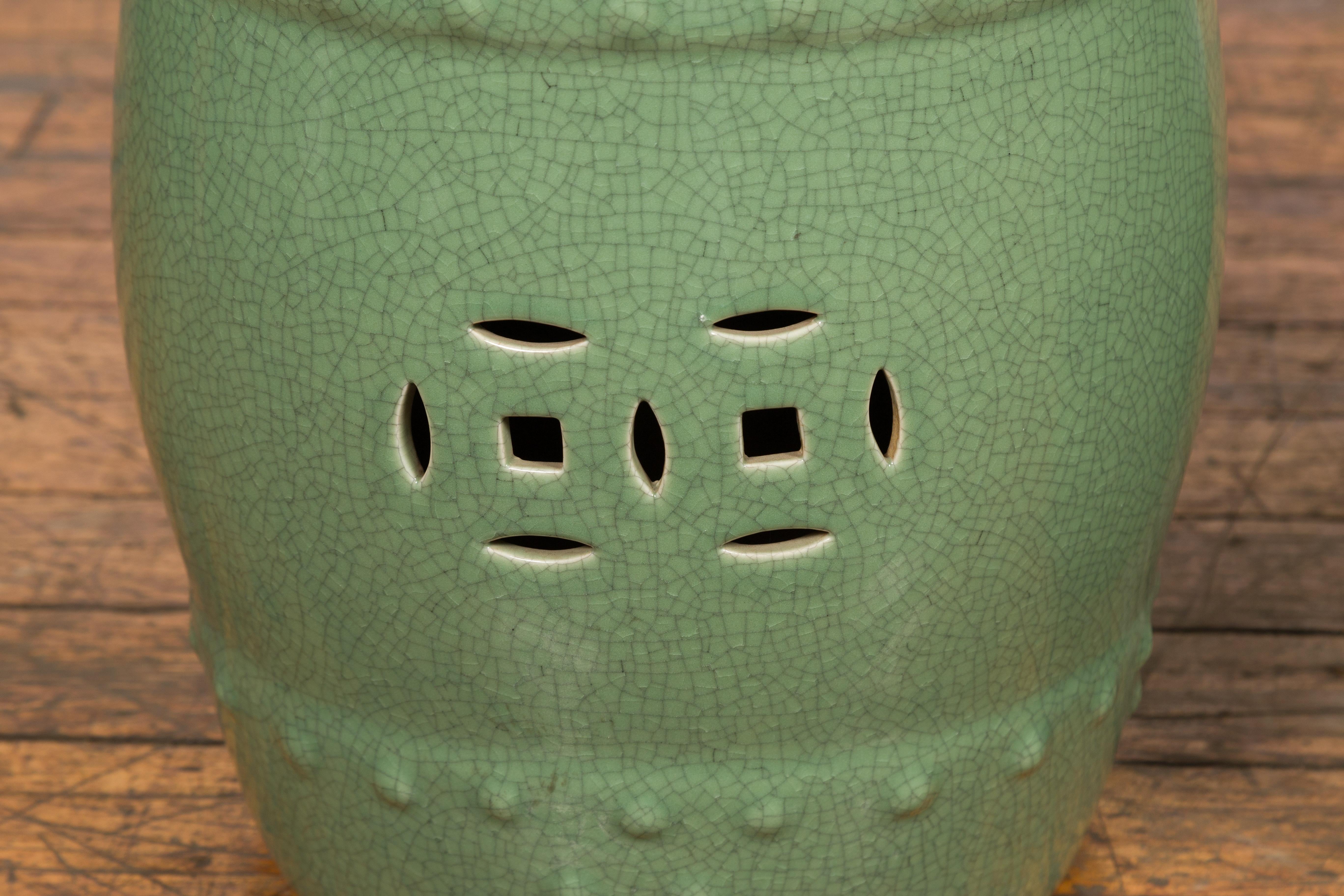 Ceramic Chinese Vintage Celadon Glazed Garden Stools with Pierced Motifs, Sold Each