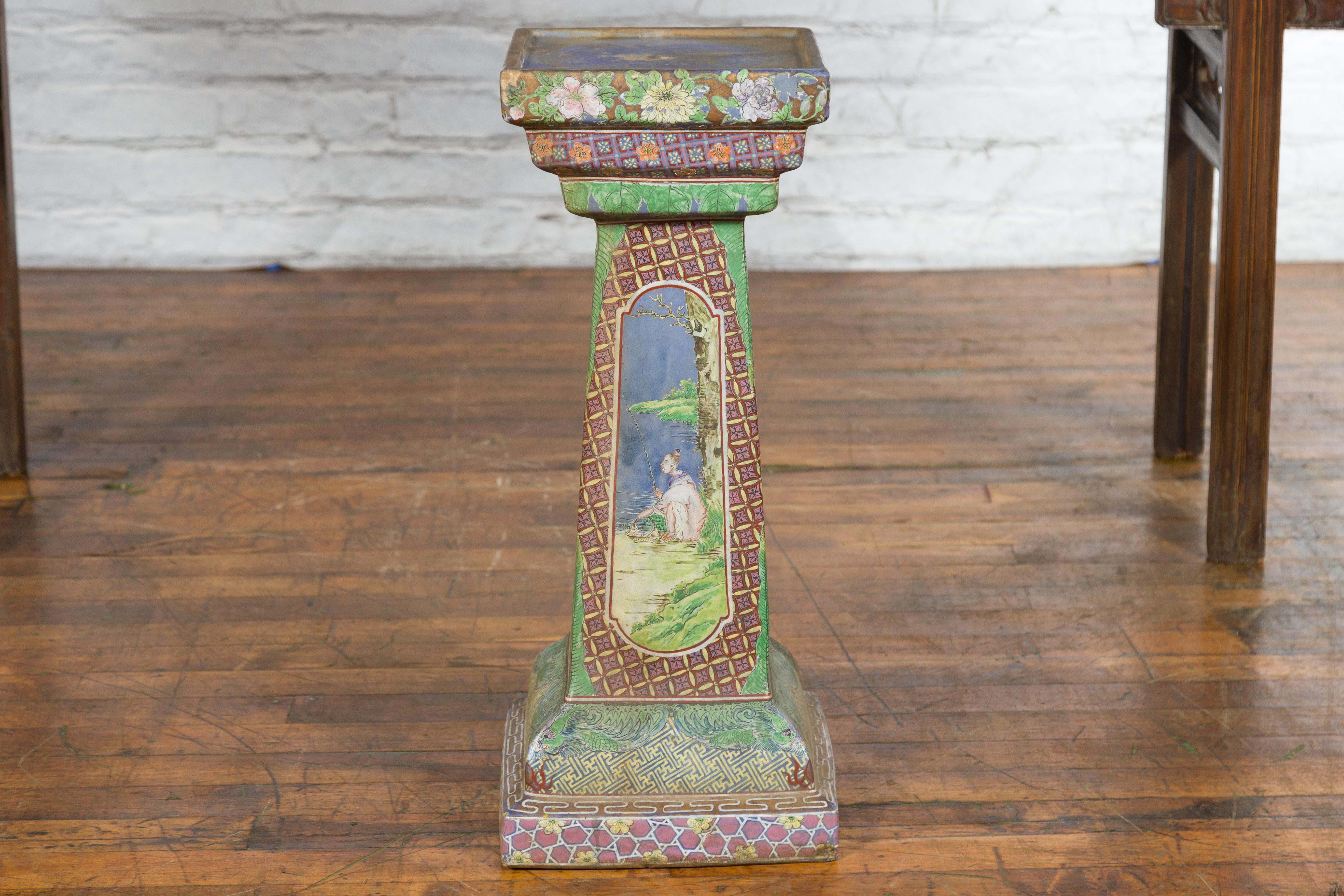 Chinese Vintage Ceramic Pedestal Stand with Hand-Painted Calligraphy and Figures For Sale 6