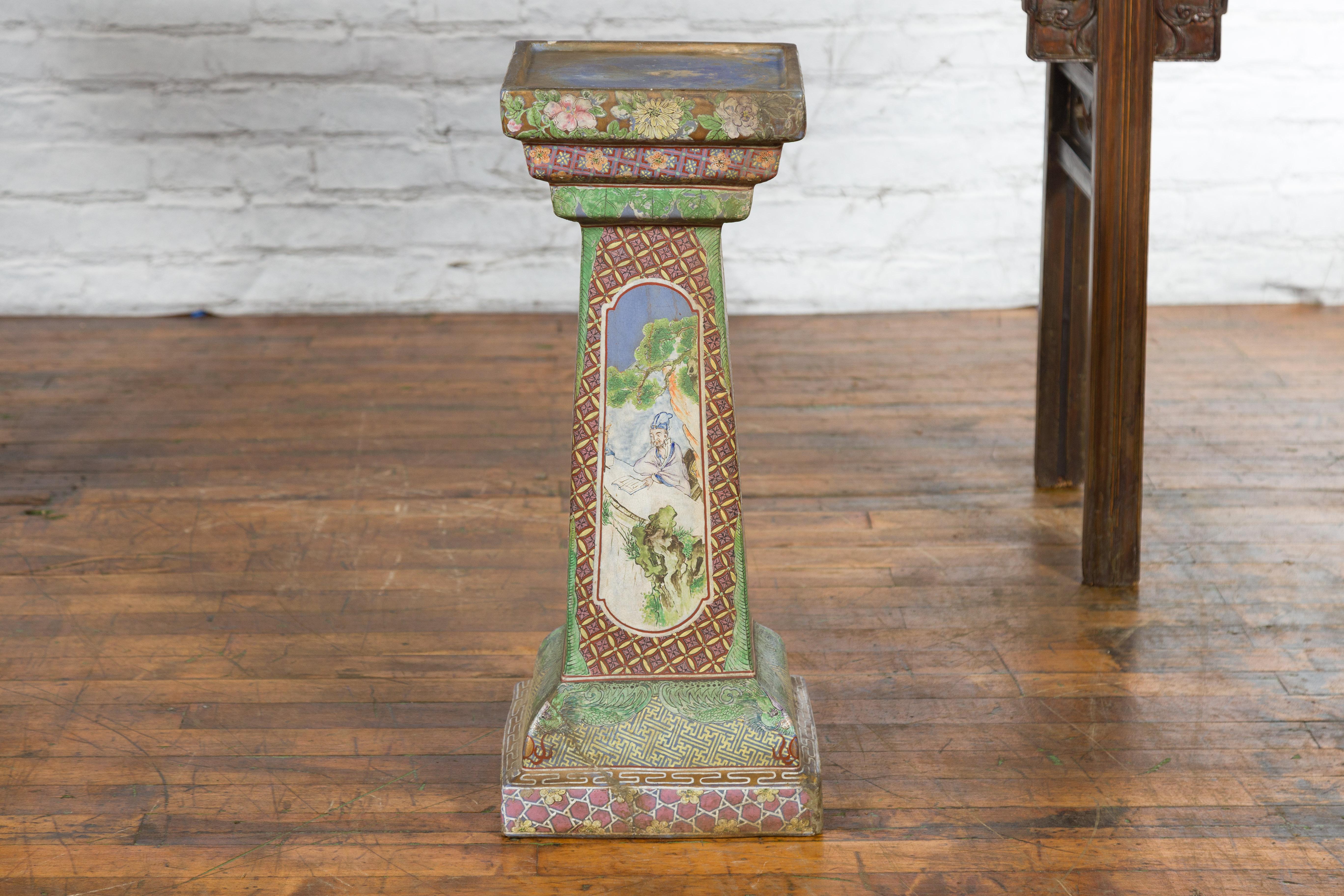 Chinese Vintage Ceramic Pedestal Stand with Hand-Painted Calligraphy and Figures For Sale 8