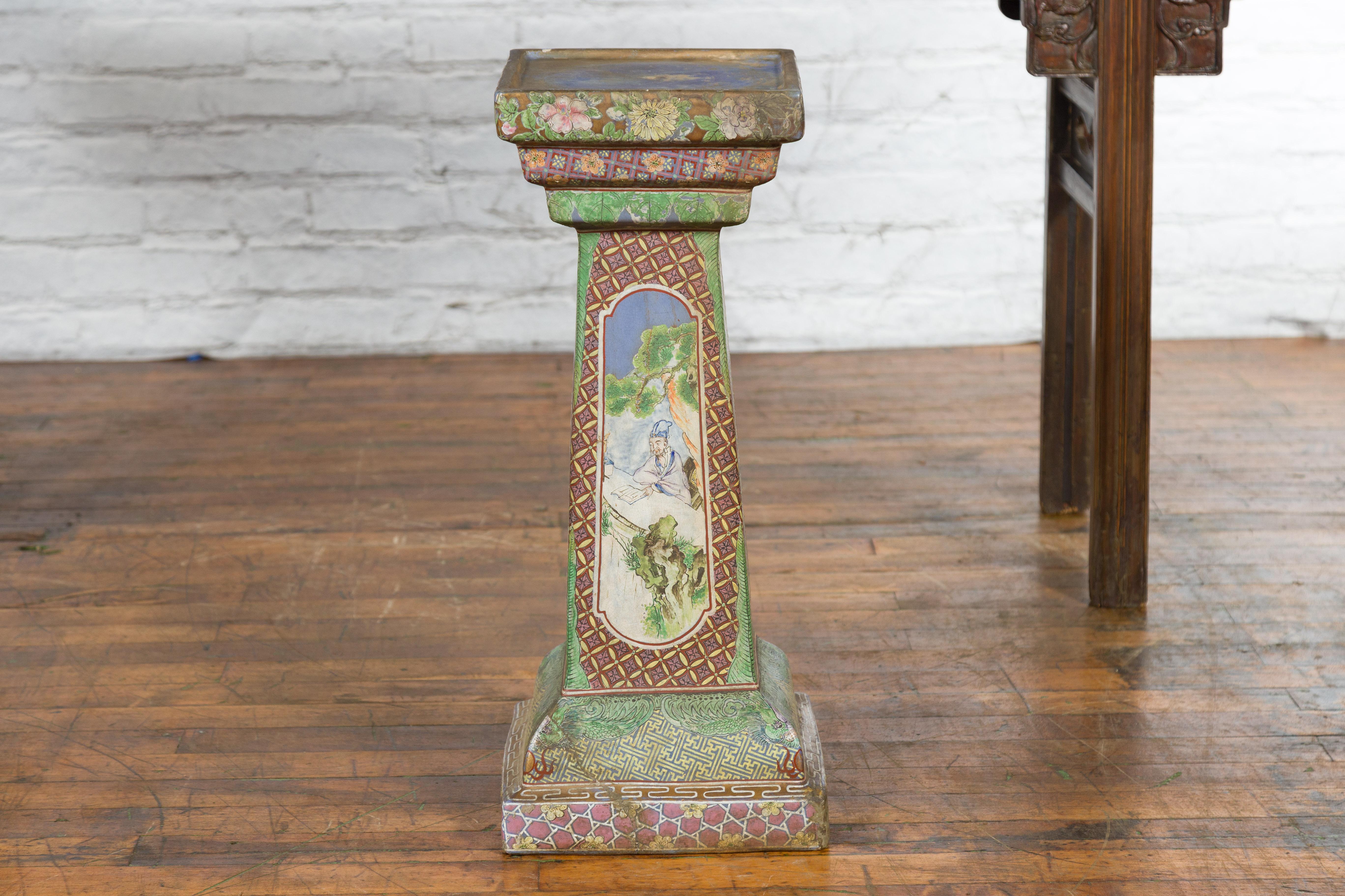 Chinese Vintage Ceramic Pedestal Stand with Hand-Painted Calligraphy and Figures For Sale 9