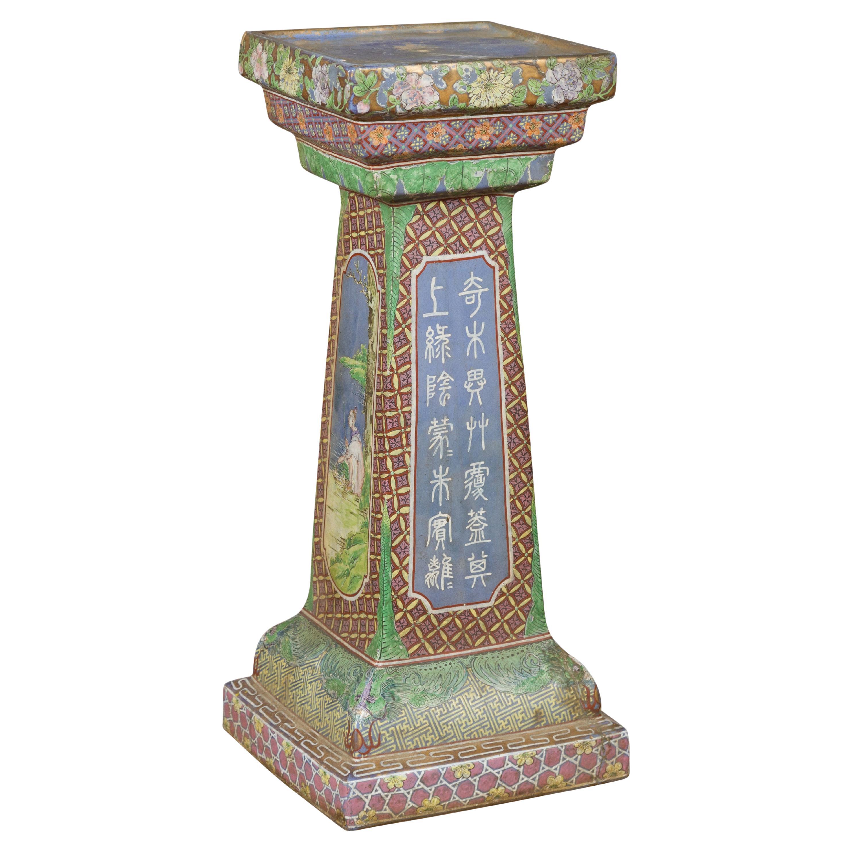 Chinesischer Vintage Keramik Pedestal Stand mit handgemalten Kalligraphien und Figuren