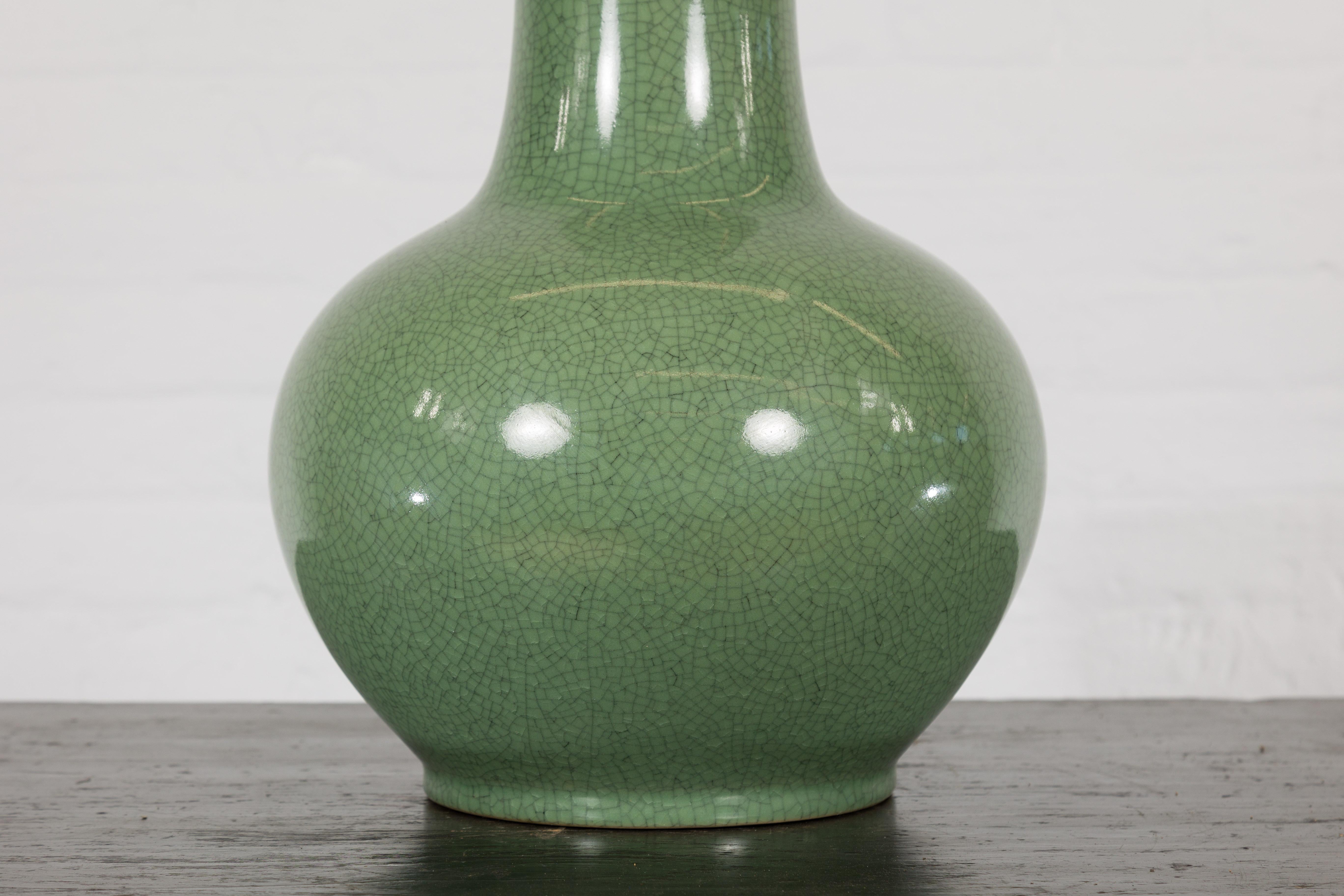 Chinese Vintage Ceramic Vase with Crackle Green Glaze and Narrow Neck 4