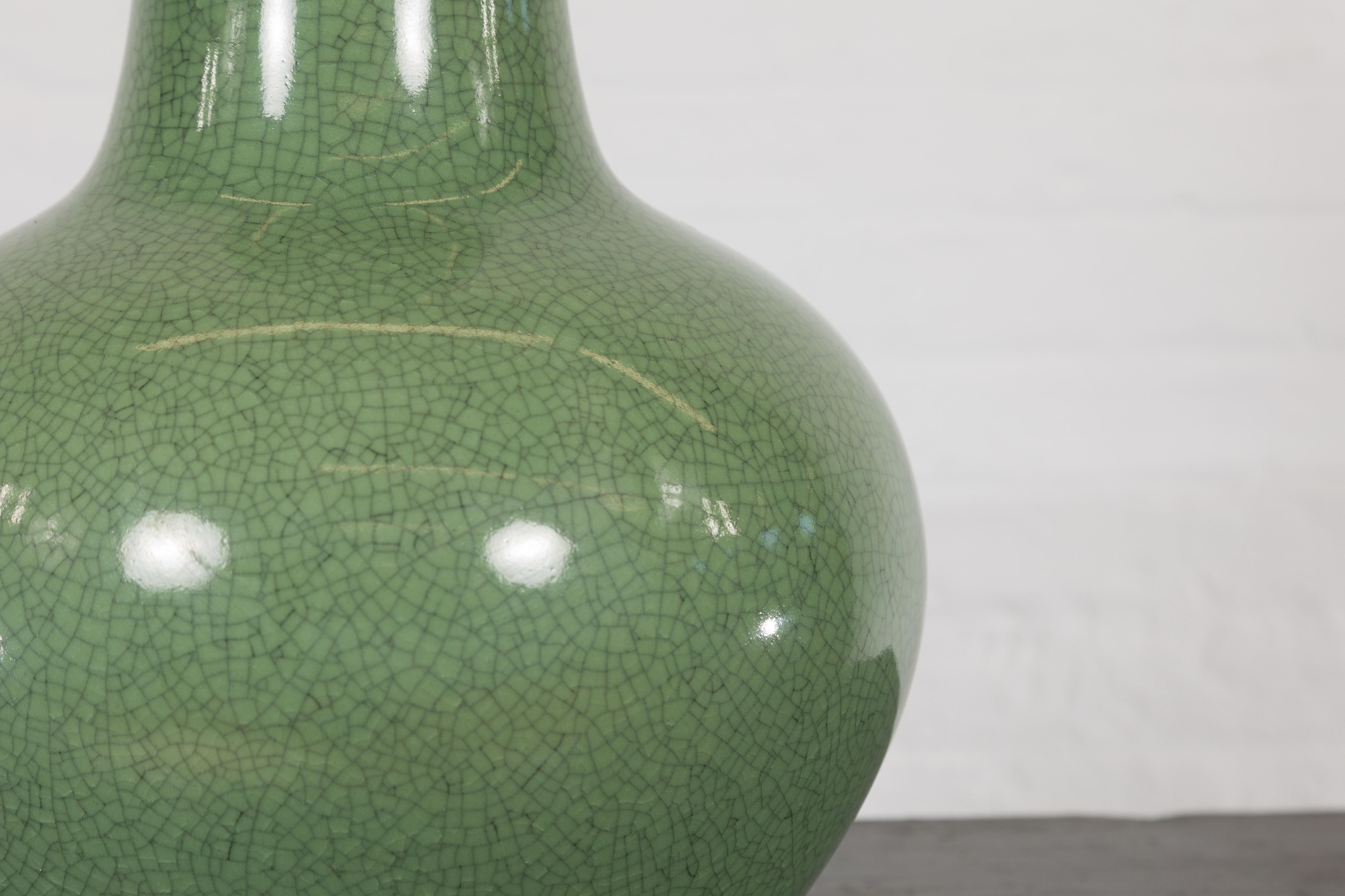 Chinese Vintage Ceramic Vase with Crackle Green Glaze and Narrow Neck 6