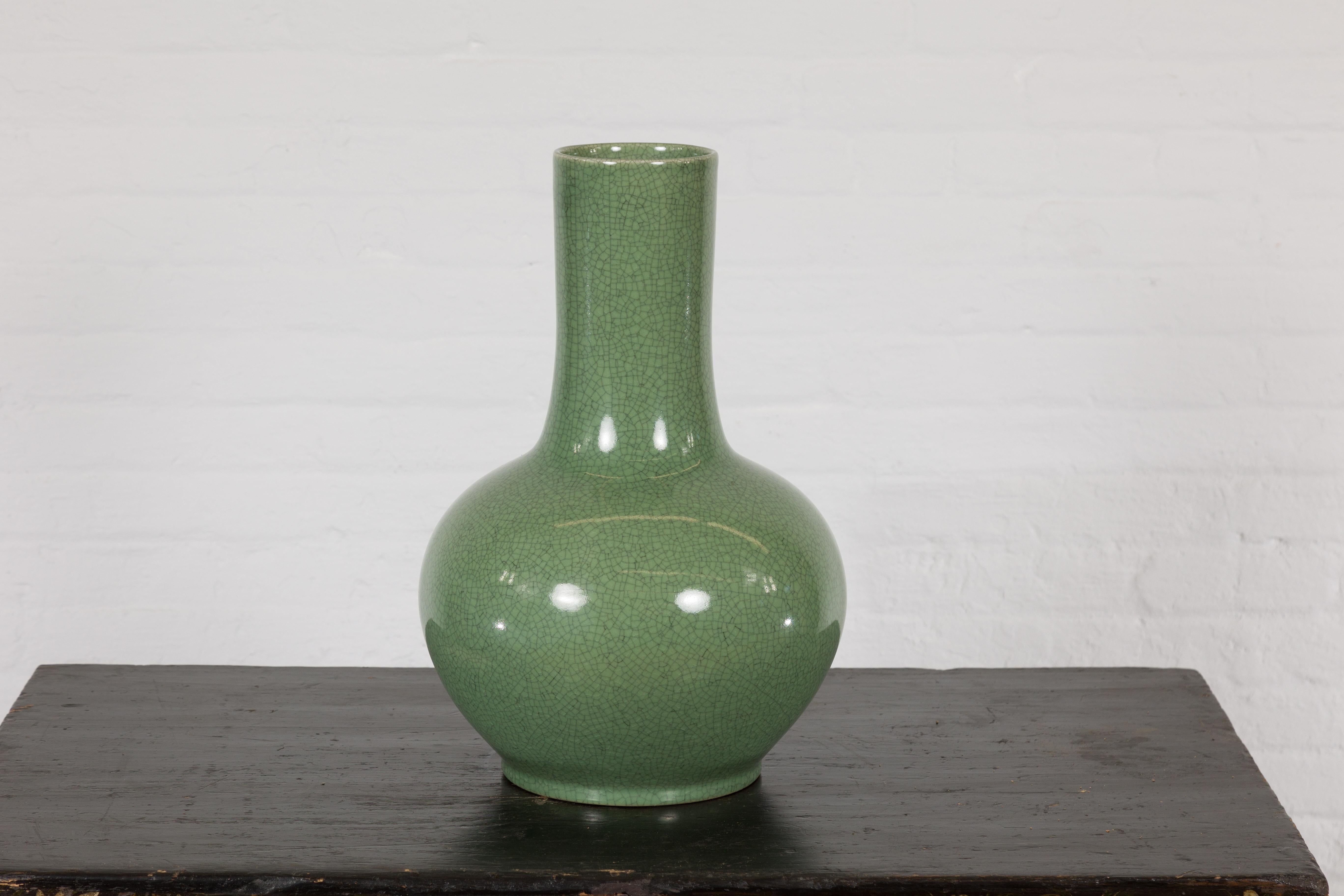 Chinese Vintage Ceramic Vase with Crackle Green Glaze and Narrow Neck 10