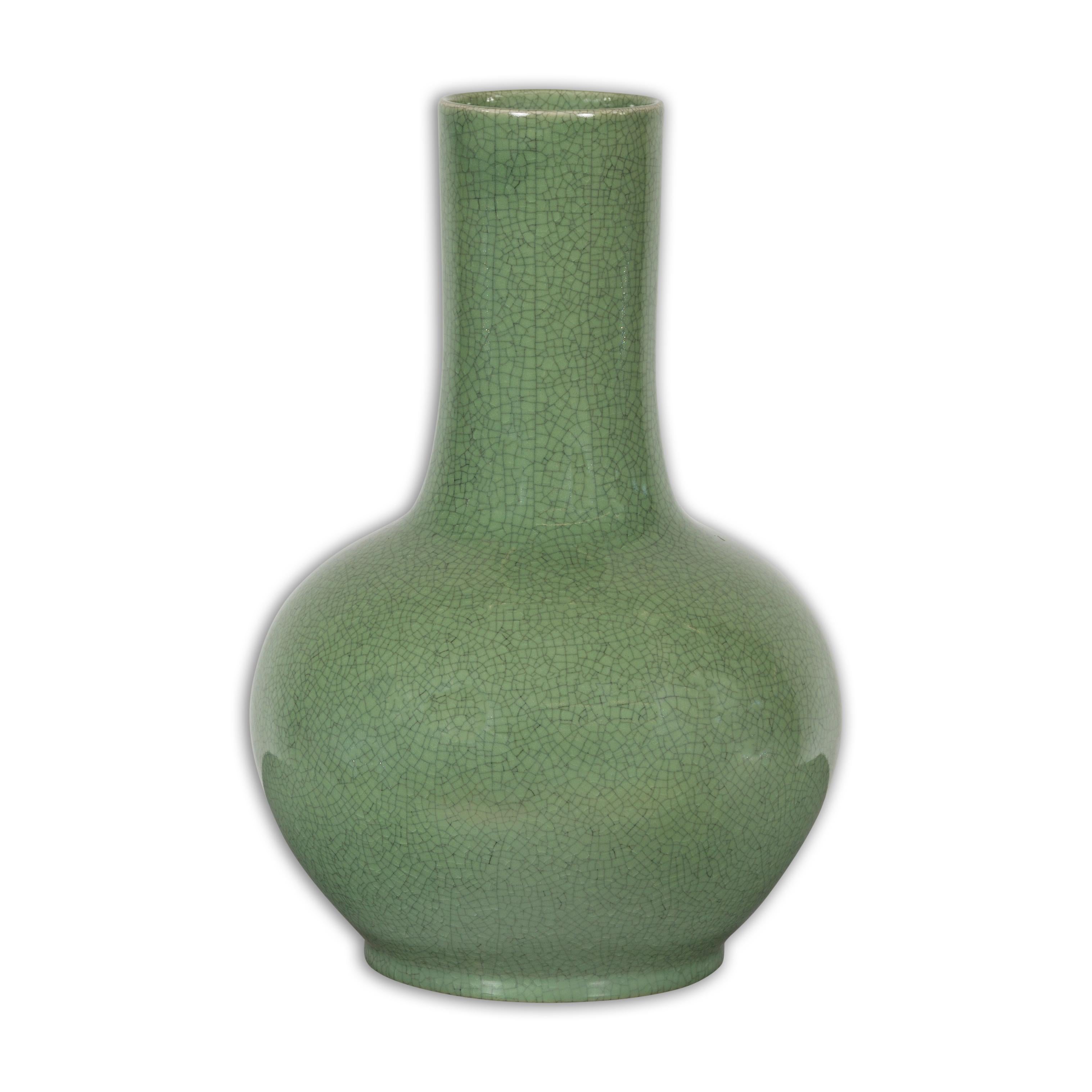 Chinese Vintage Ceramic Vase with Crackle Green Glaze and Narrow Neck 13