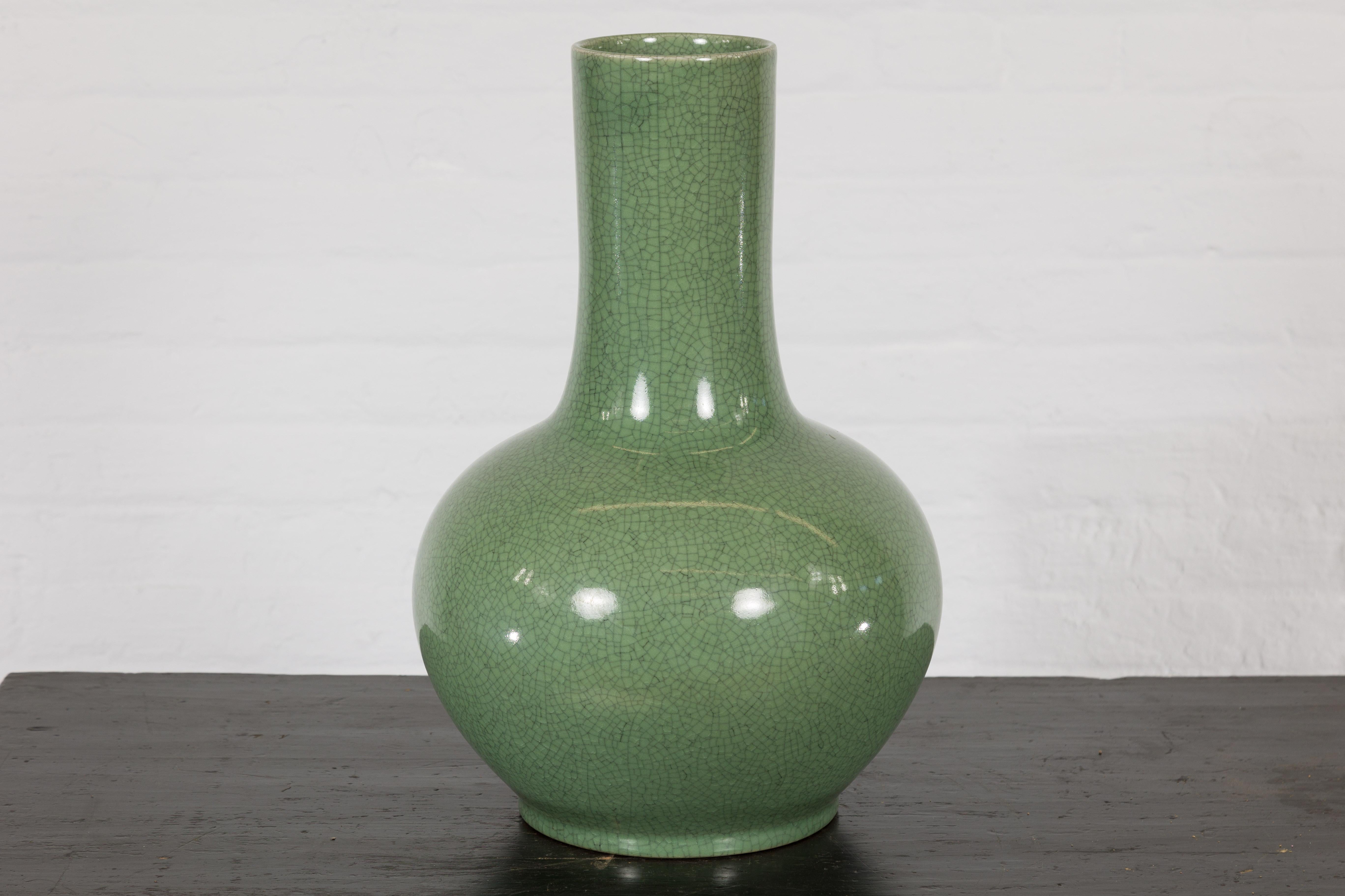 Mid-Century Modern Chinese Vintage Ceramic Vase with Crackle Green Glaze and Narrow Neck