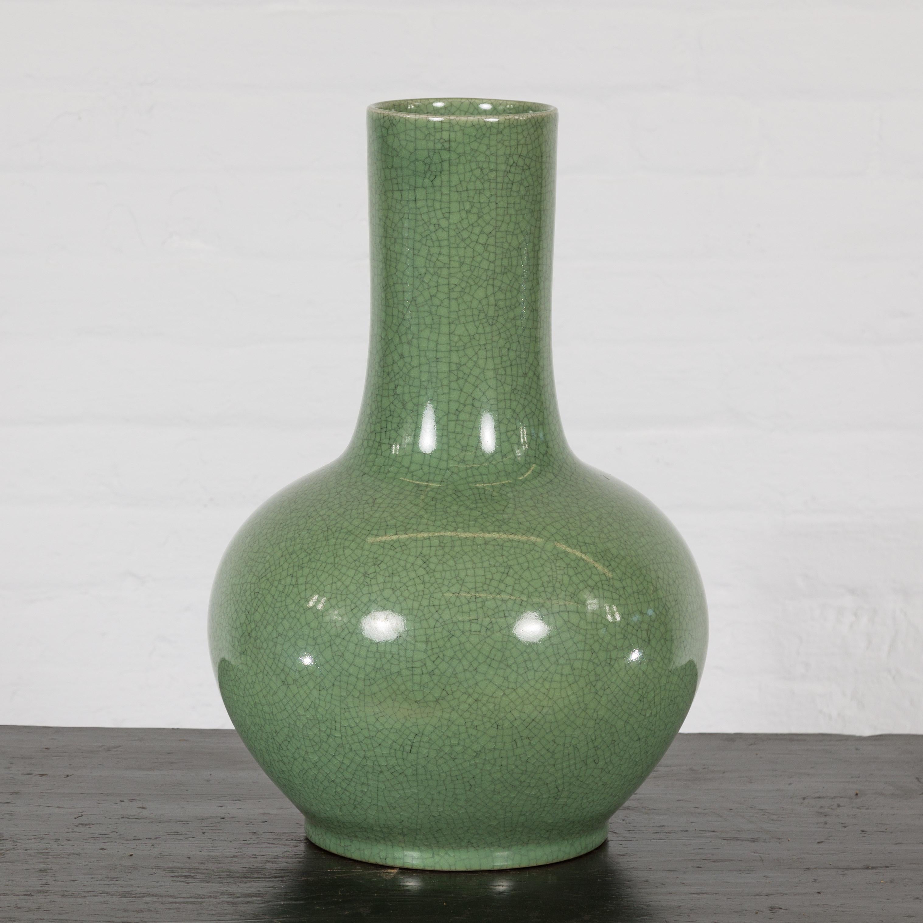 Glazed Chinese Vintage Ceramic Vase with Crackle Green Glaze and Narrow Neck