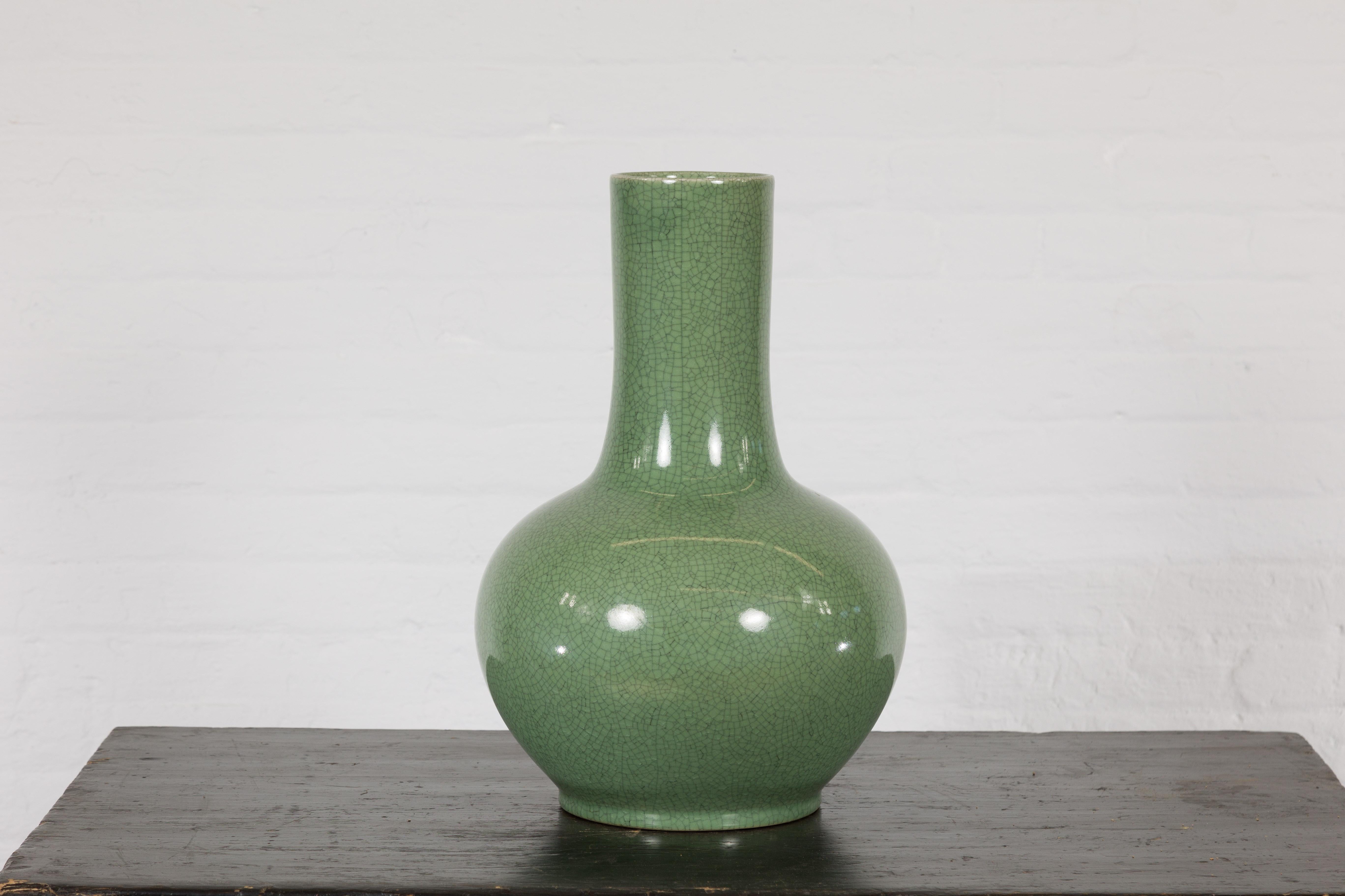 Chinese Vintage Ceramic Vase with Crackle Green Glaze and Narrow Neck In Good Condition In Yonkers, NY