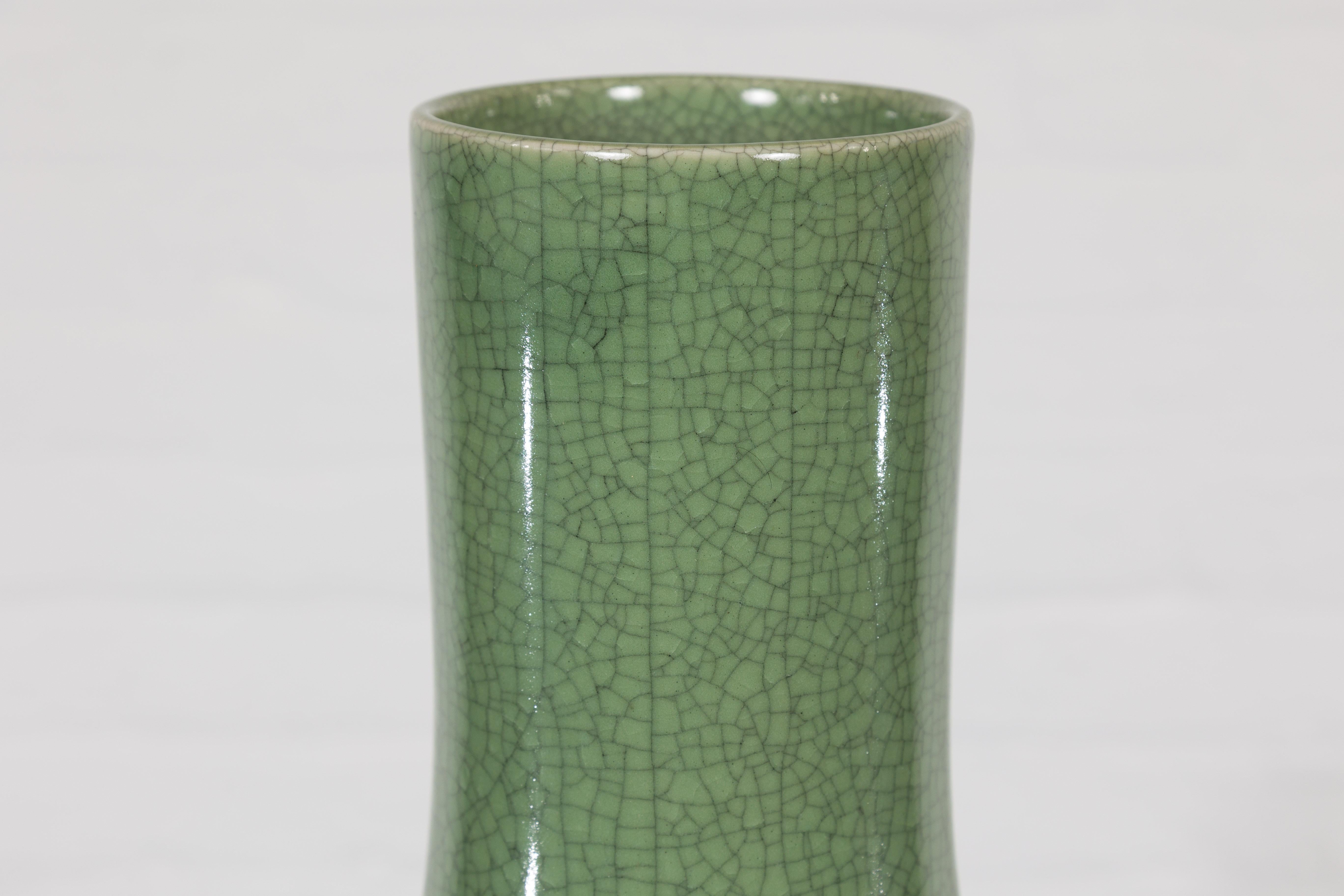 20th Century Chinese Vintage Ceramic Vase with Crackle Green Glaze and Narrow Neck