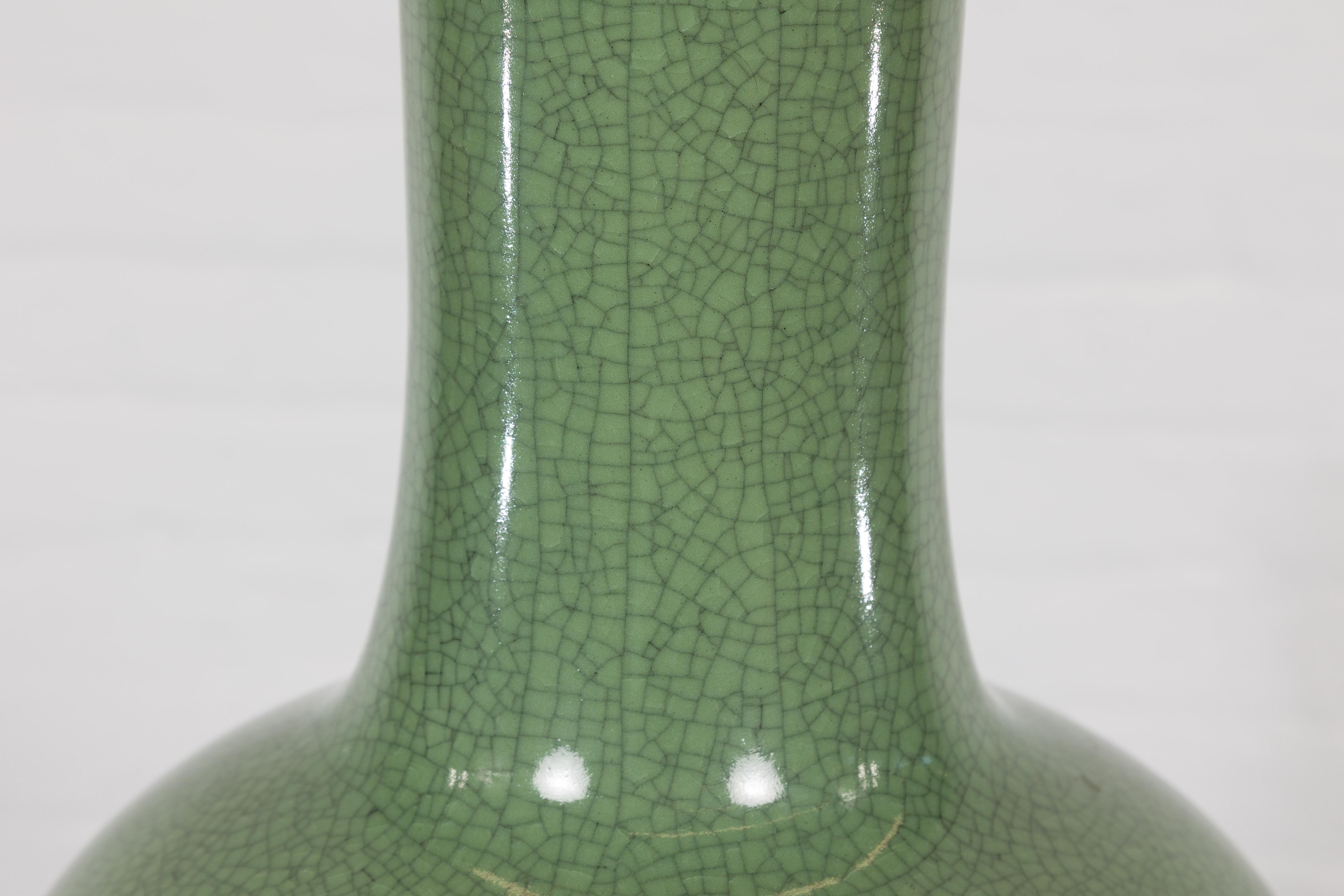 Chinese Vintage Ceramic Vase with Crackle Green Glaze and Narrow Neck 1