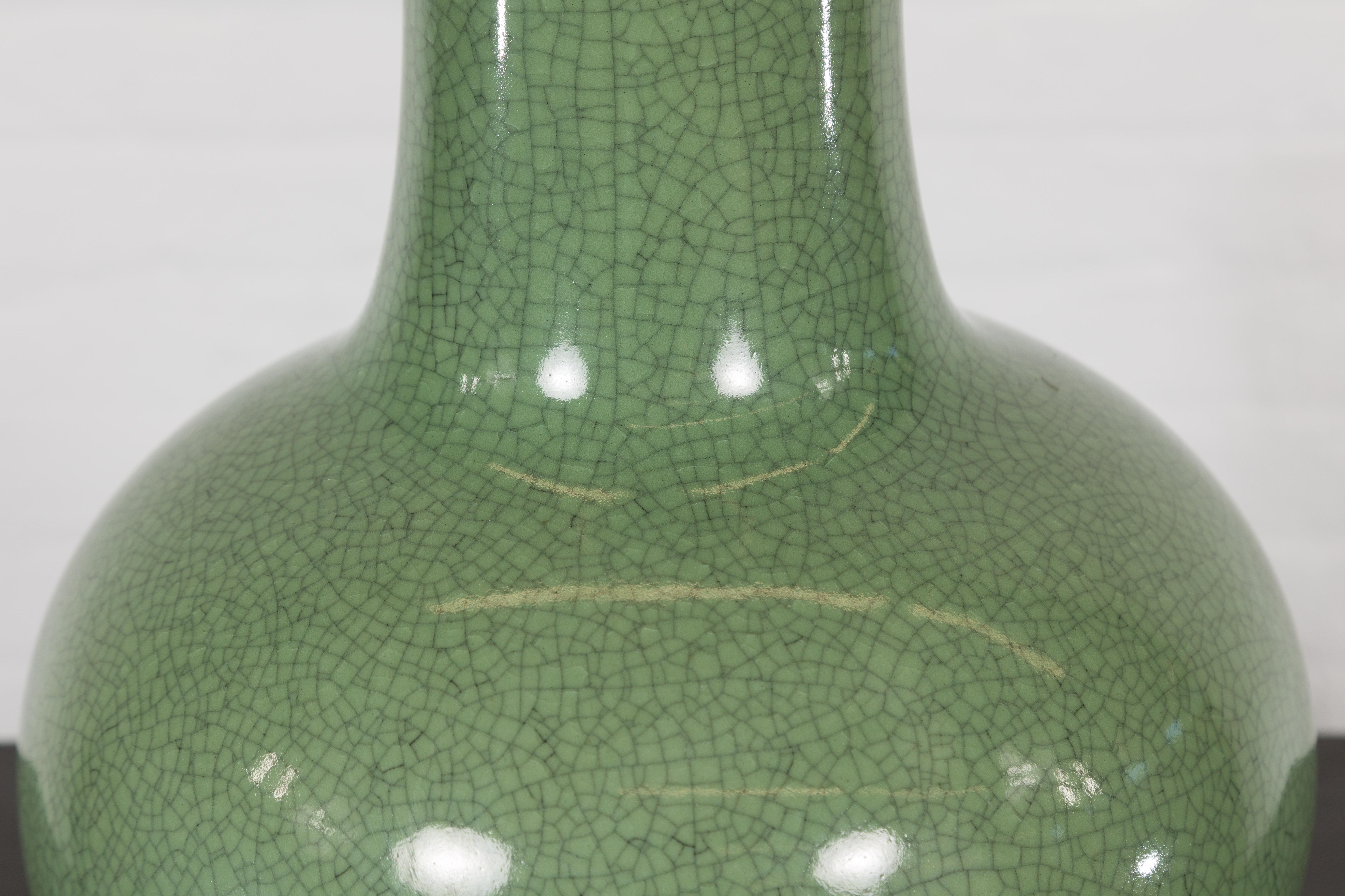 Chinese Vintage Ceramic Vase with Crackle Green Glaze and Narrow Neck 2