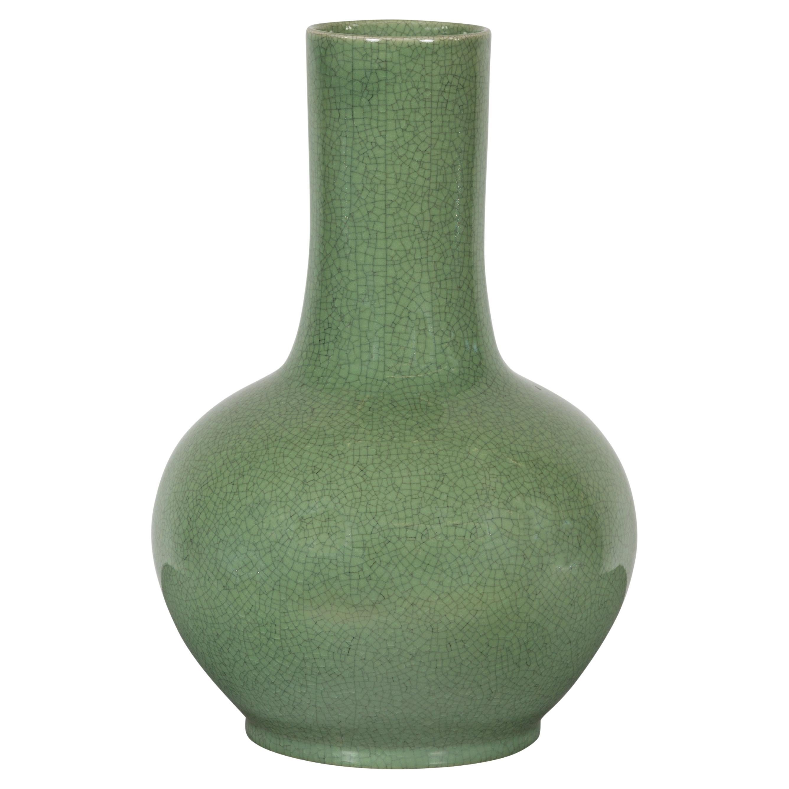 Antique Chinese Molded and Green Glazed Porcelain Vase For Sale at