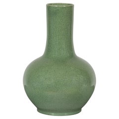 Chinese Vintage Ceramic Vase with Crackle Green Glaze and Narrow Neck