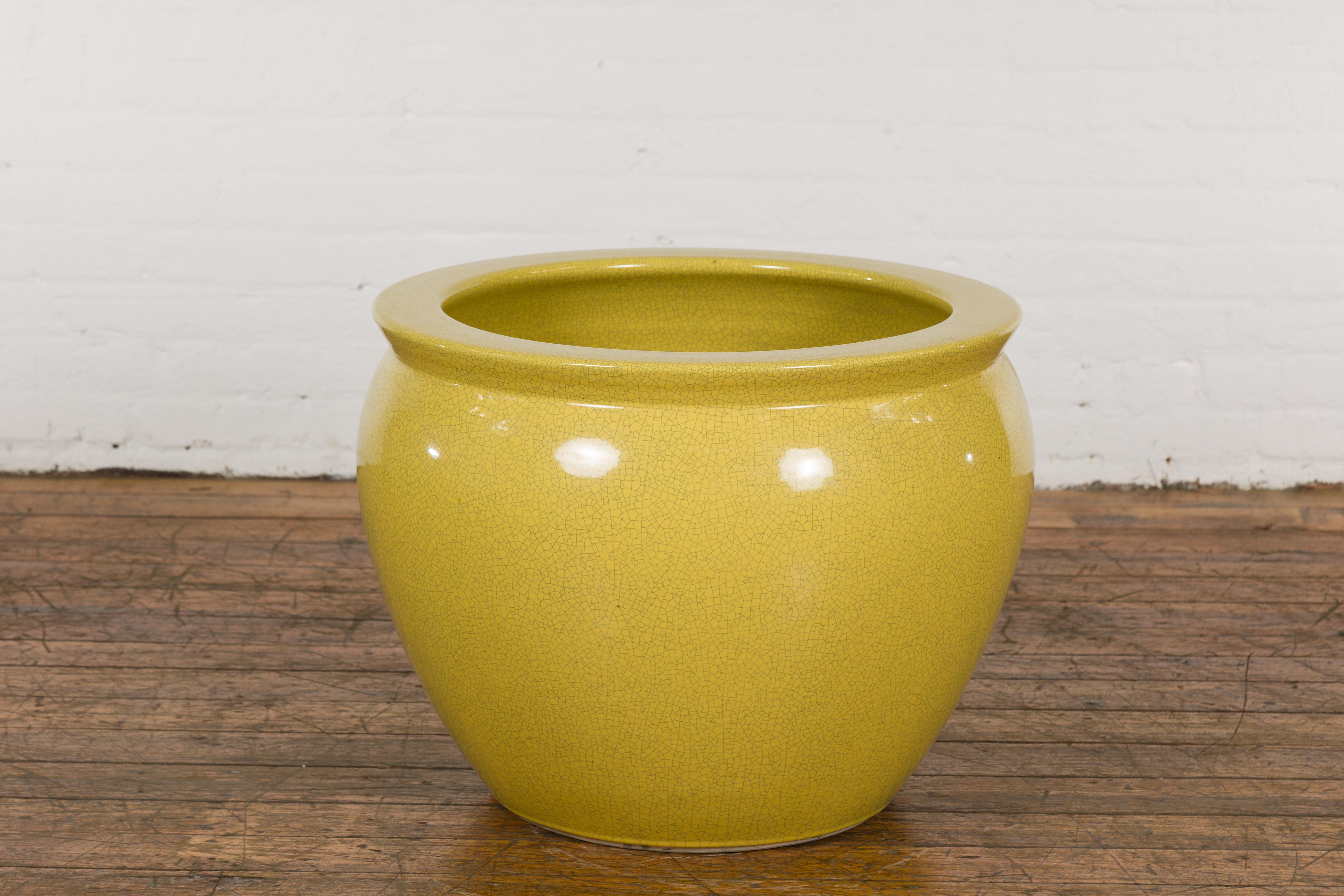 Chinese Vintage Circular Garden Planter with Yellow Crackle Glaze 6