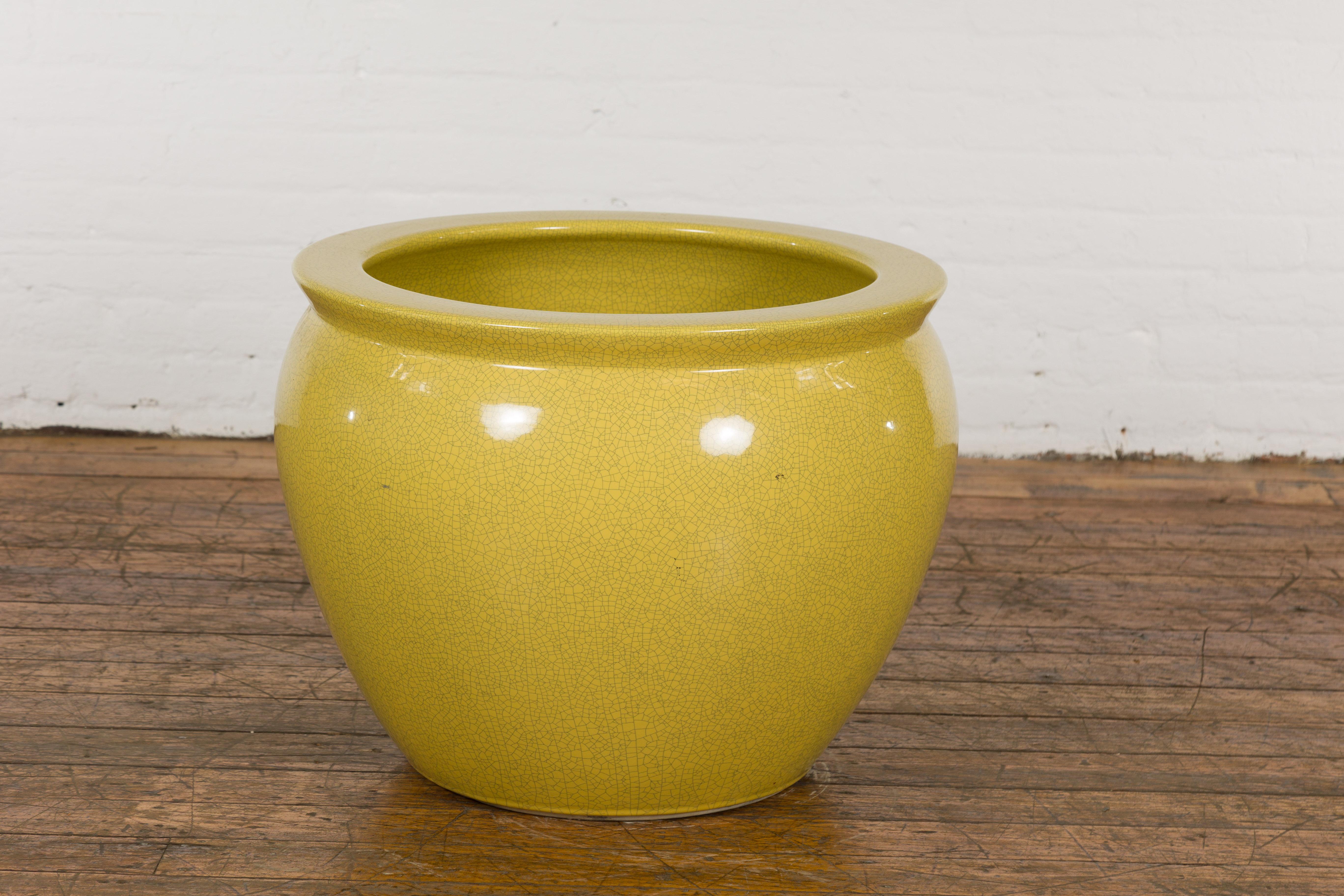 Chinese Vintage Circular Garden Planter with Yellow Crackle Glaze 8