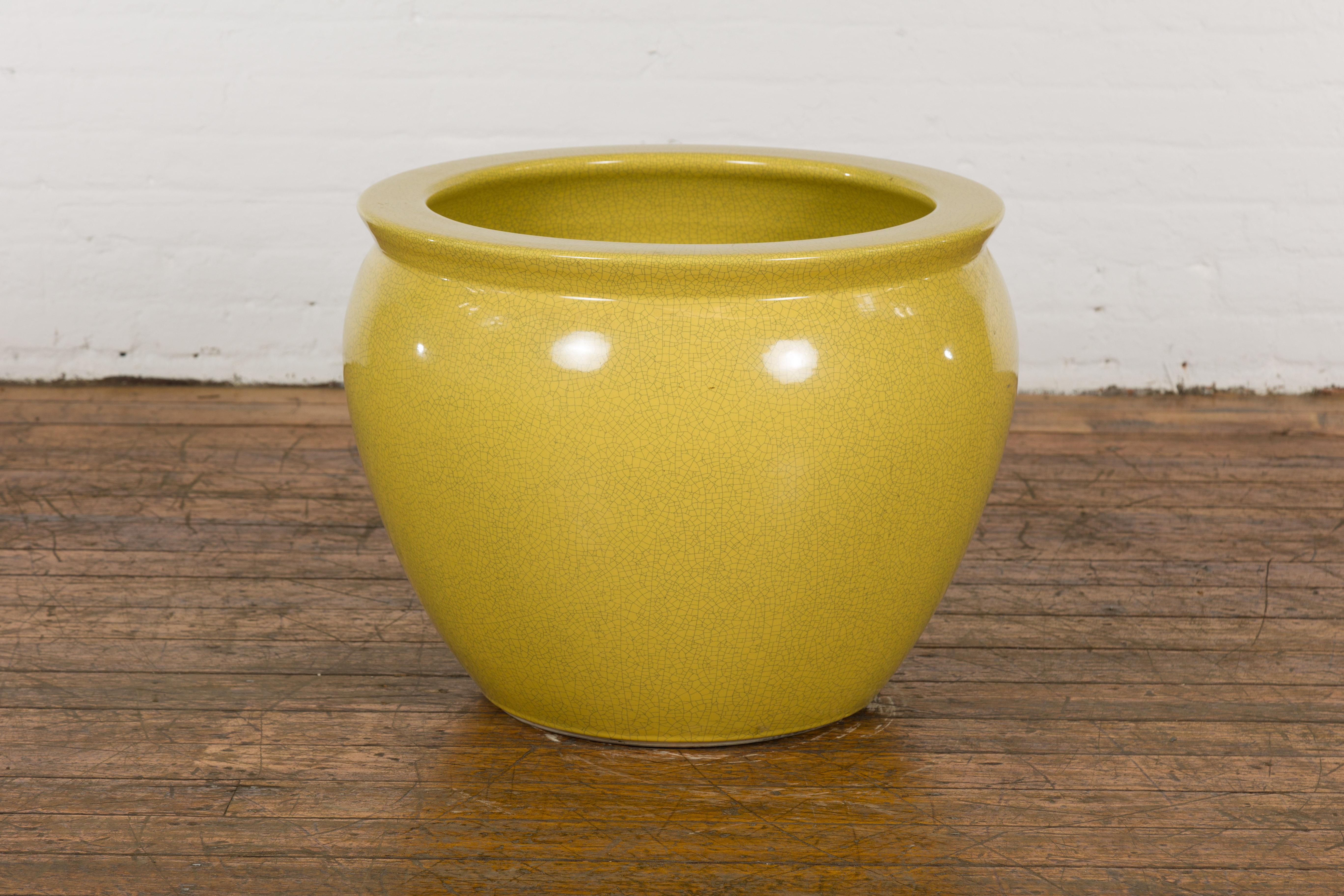 Chinese Vintage Circular Garden Planter with Yellow Crackle Glaze 9
