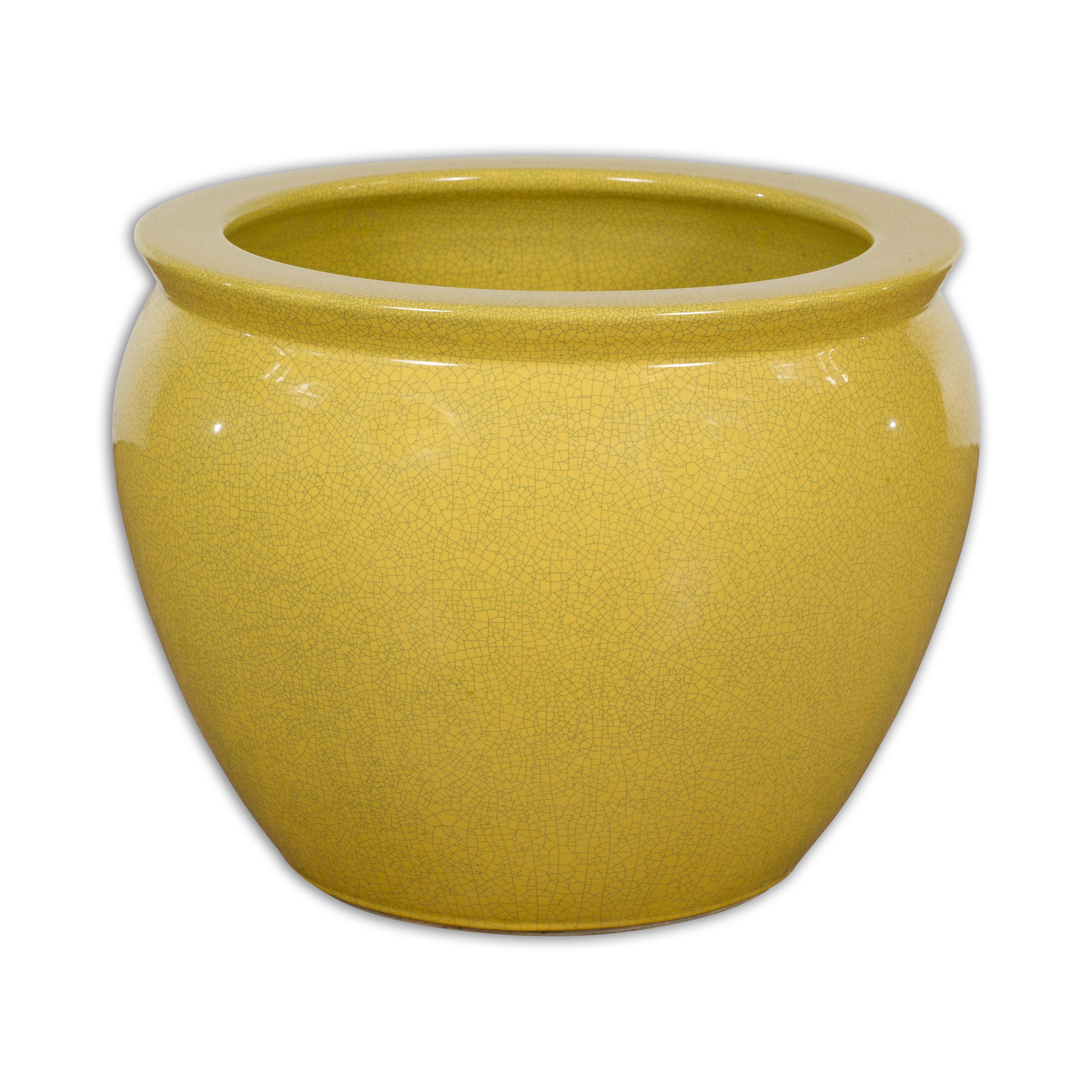 Chinese Vintage Circular Garden Planter with Yellow Crackle Glaze 11