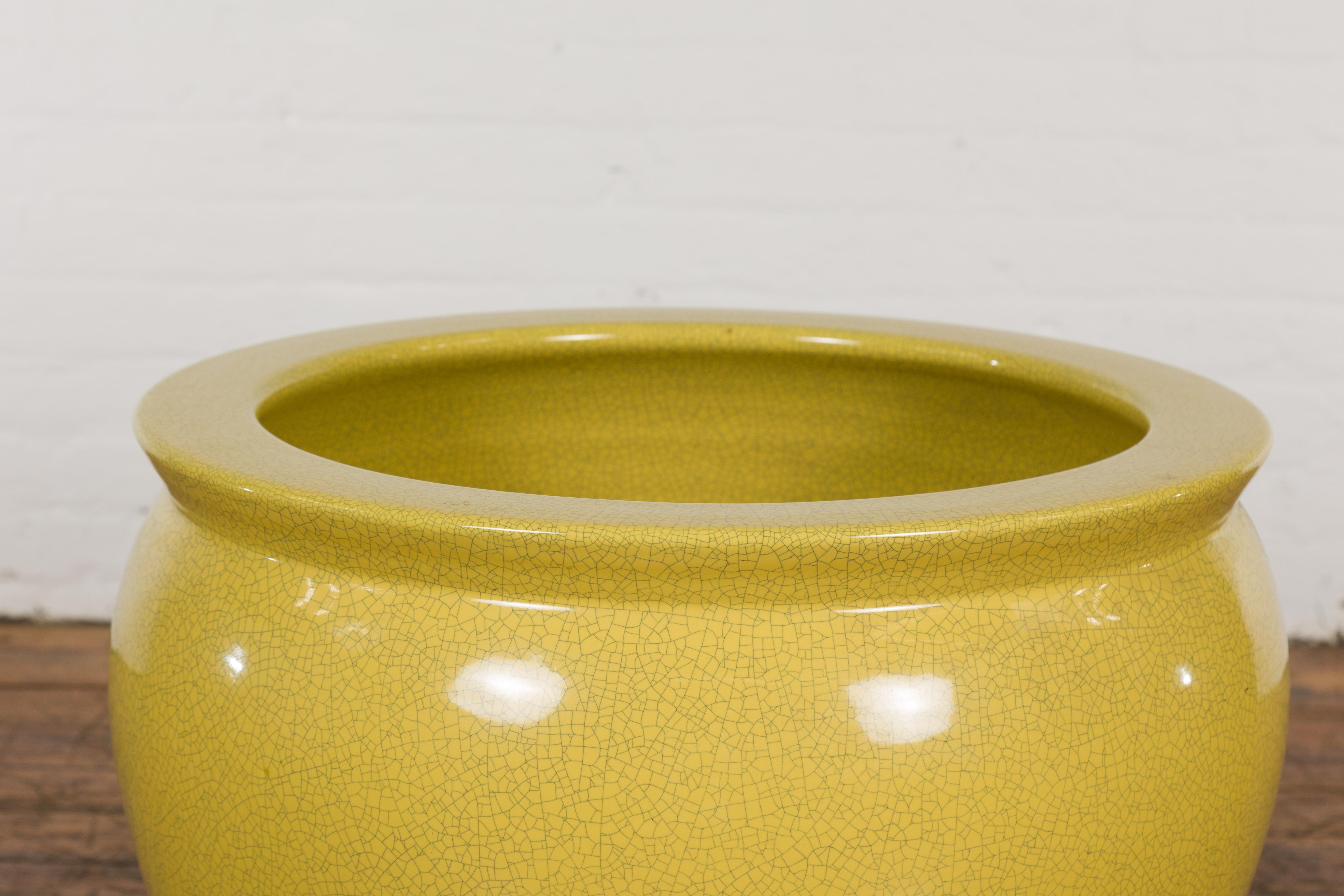 Glazed Chinese Vintage Circular Garden Planter with Yellow Crackle Glaze