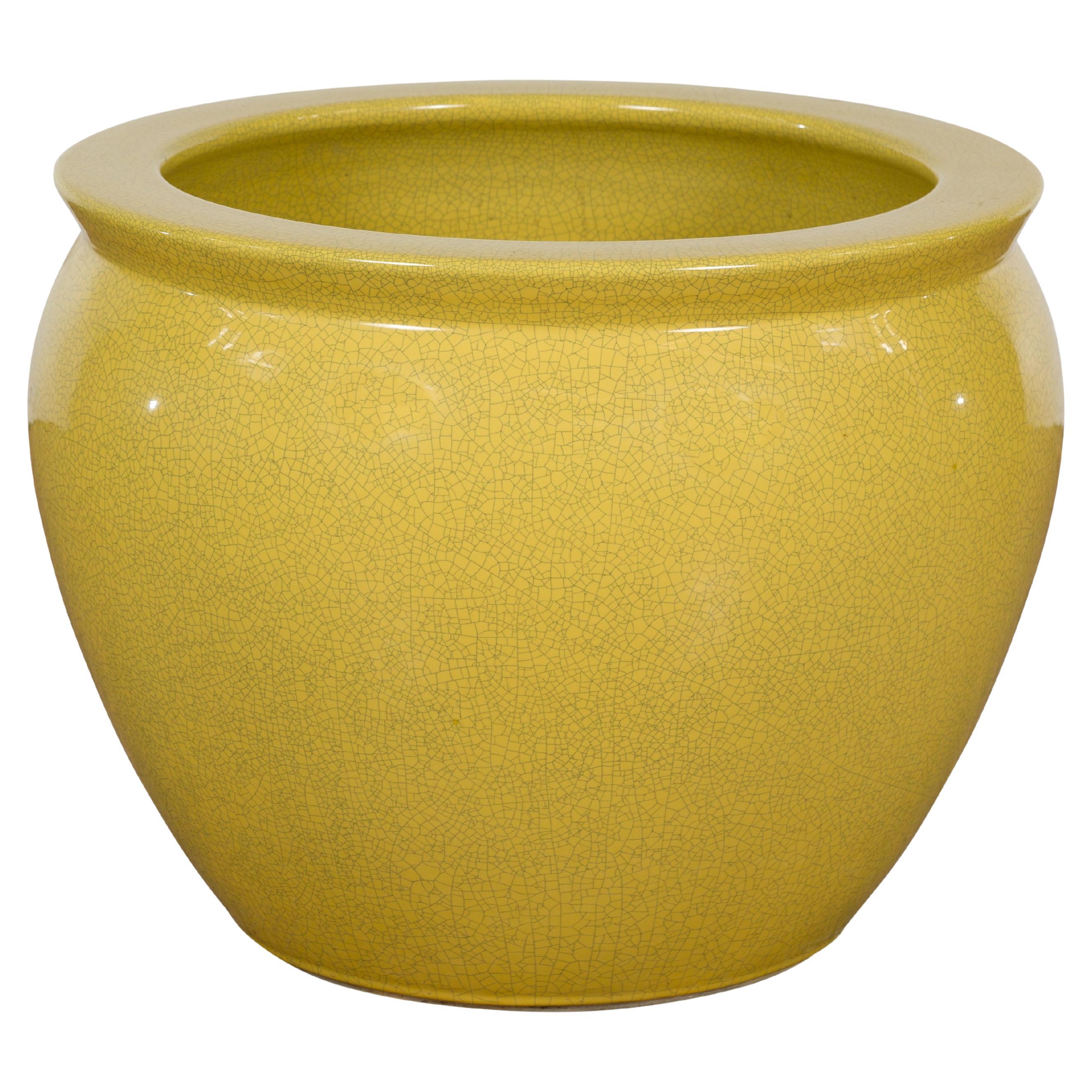 Chinese Vintage Circular Garden Planter with Yellow Crackle Glaze