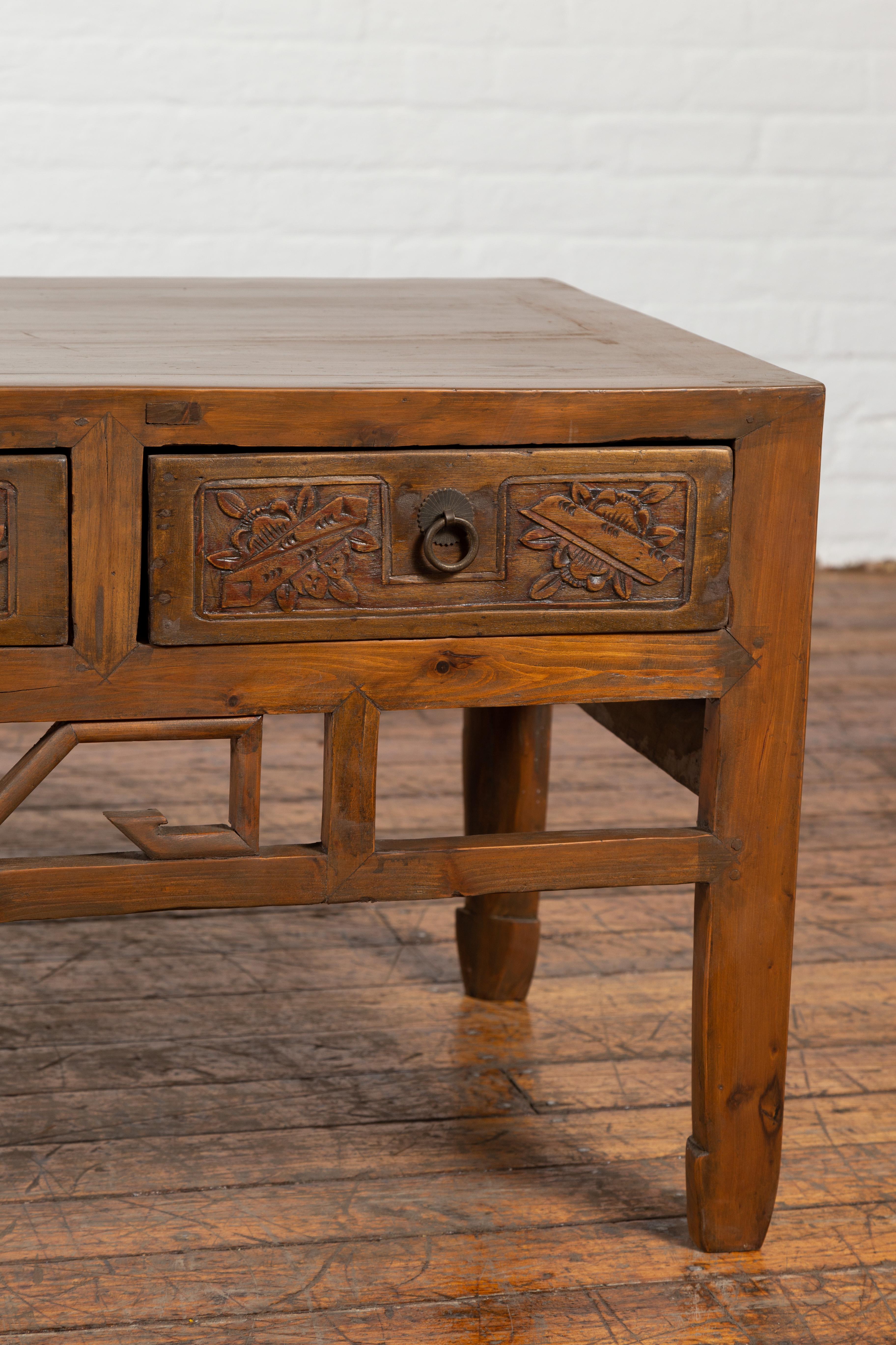 Chinese Vintage Coffee Table with Three Carved Drawers and Openwork Apron For Sale 3