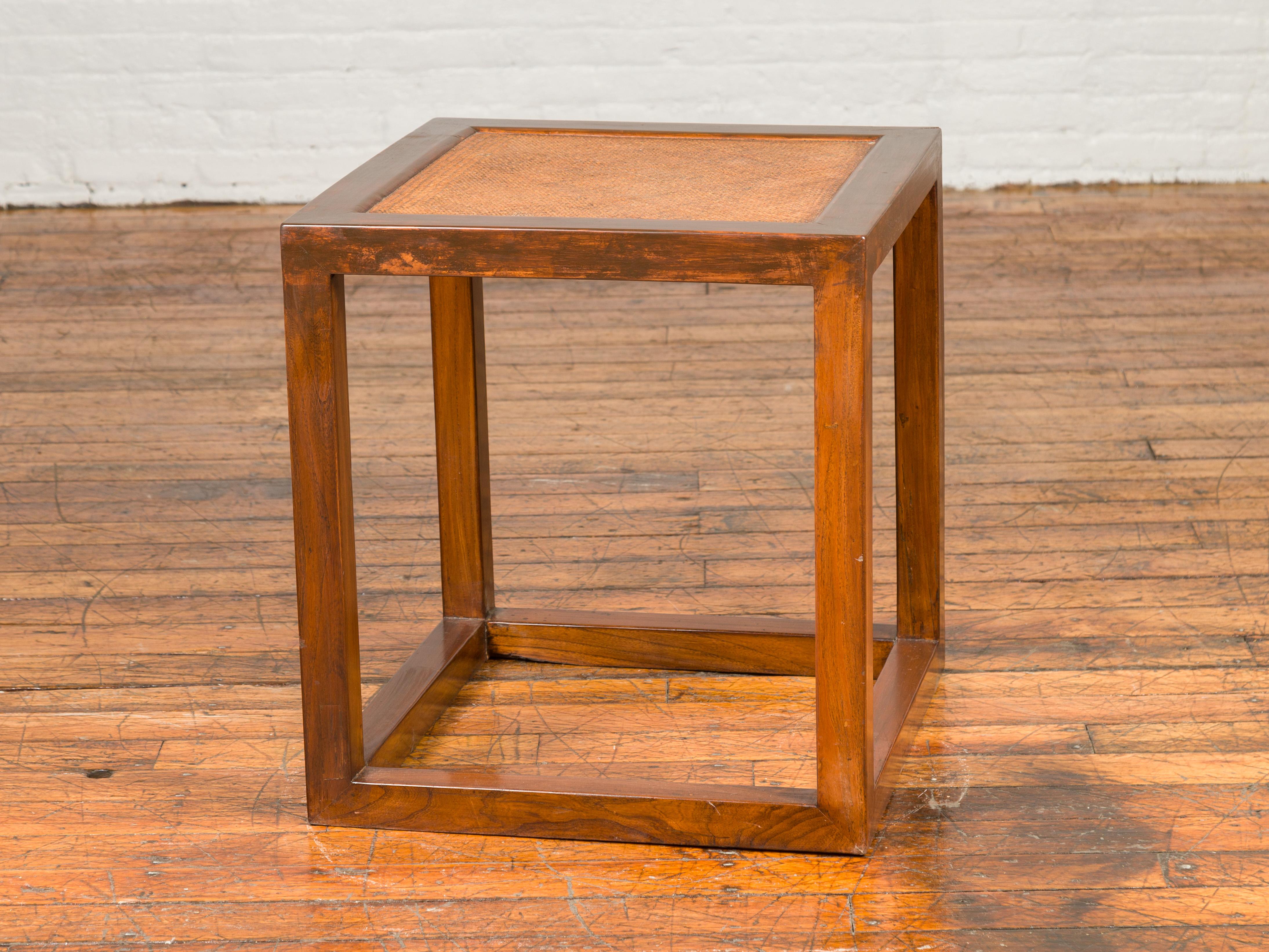 Minimalist Cubic Side Table with Rattan Top, Straight Legs and Stretchers For Sale 5