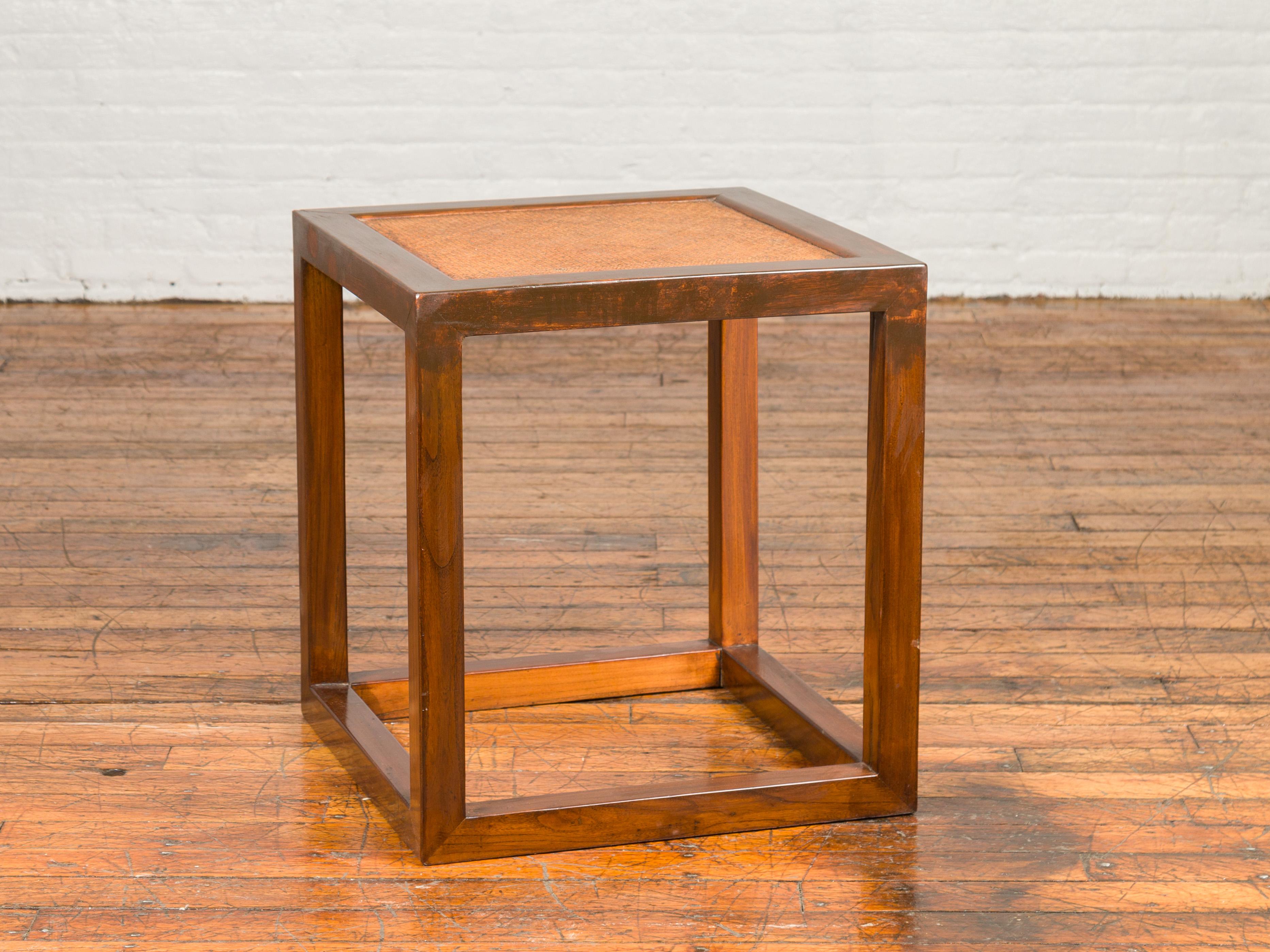 Minimalist Cubic Side Table with Rattan Top, Straight Legs and Stretchers In Good Condition For Sale In Yonkers, NY