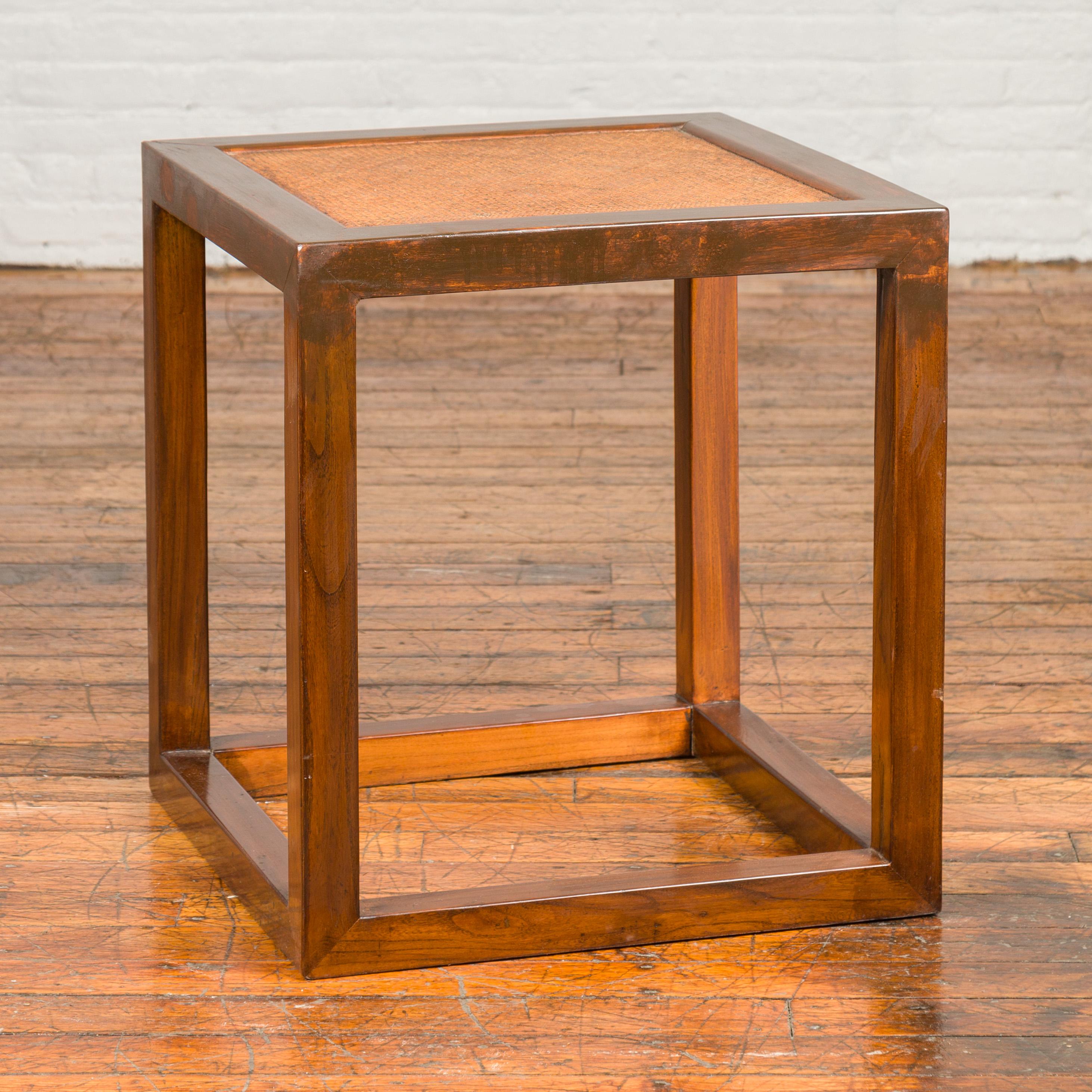 20th Century Minimalist Cubic Side Table with Rattan Top, Straight Legs and Stretchers For Sale