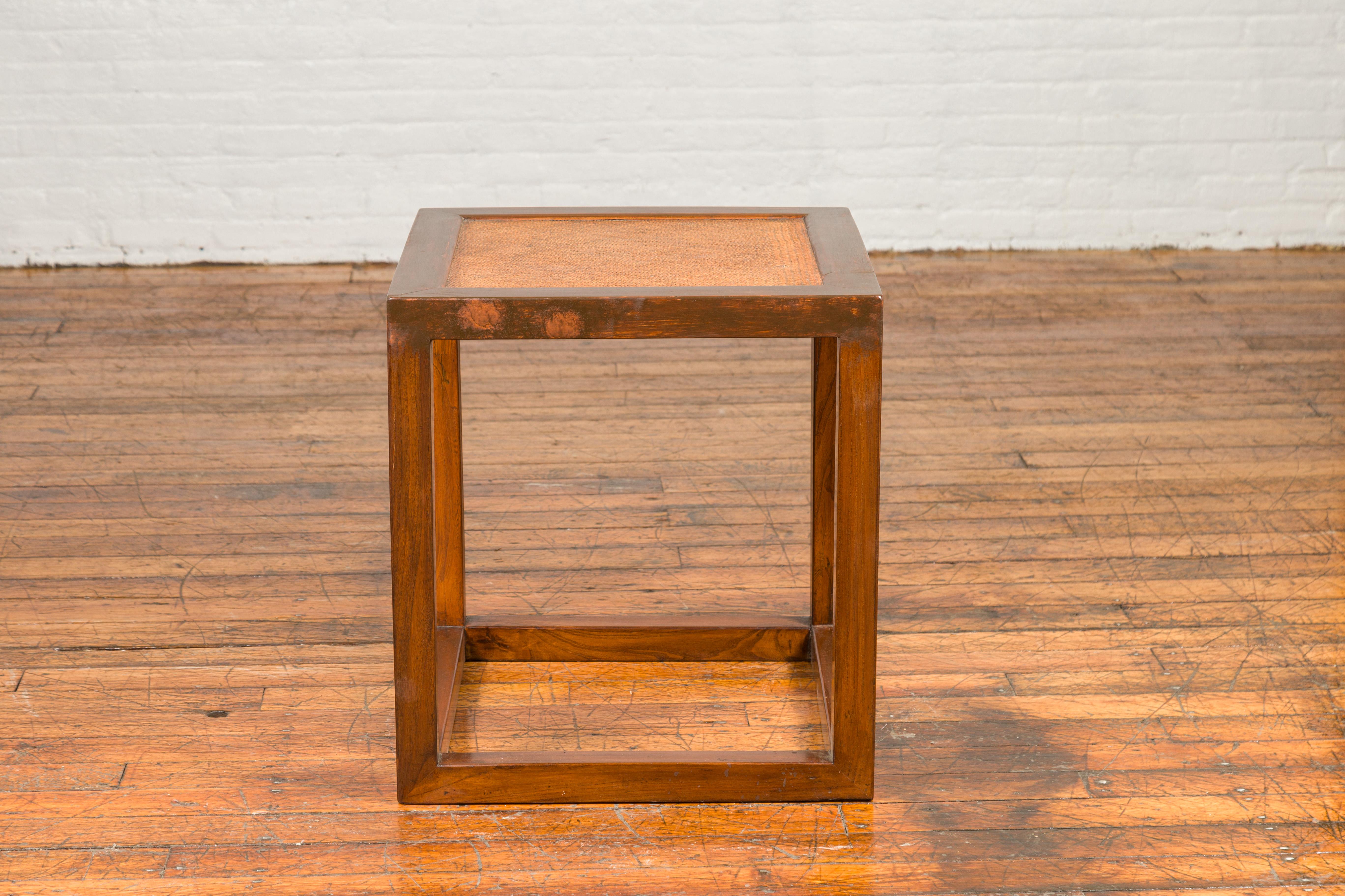 Minimalist Cubic Side Table with Rattan Top, Straight Legs and Stretchers For Sale 4