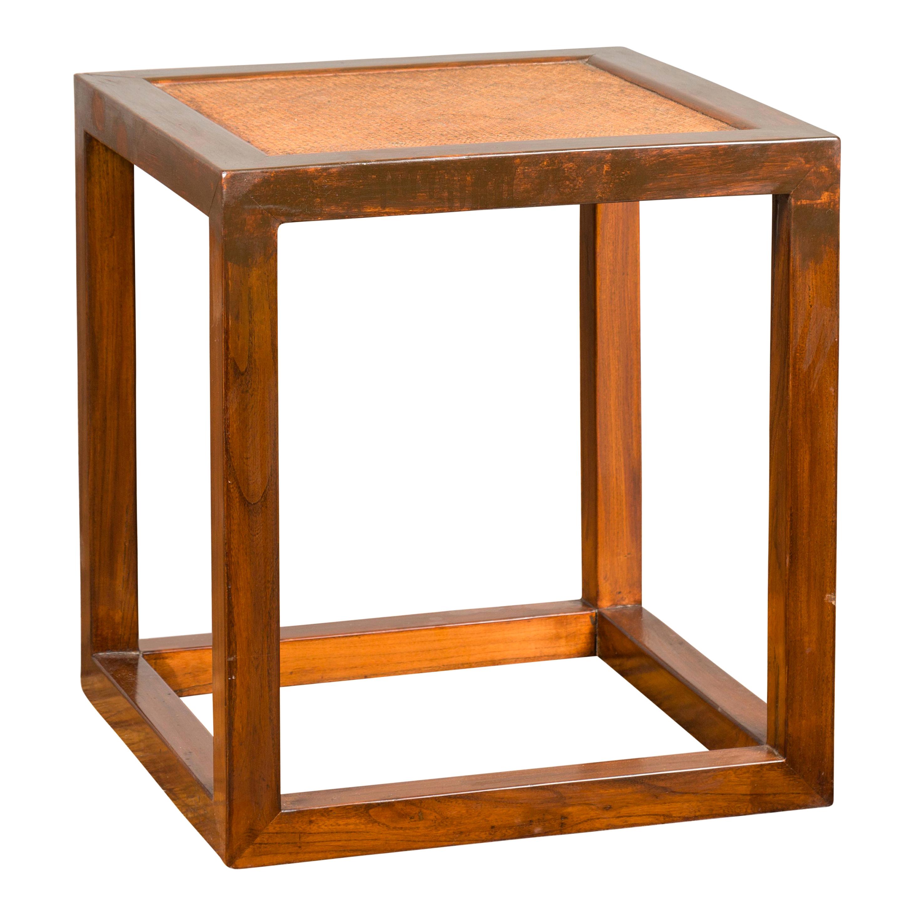 Minimalist Cubic Side Table with Rattan Top, Straight Legs and Stretchers For Sale