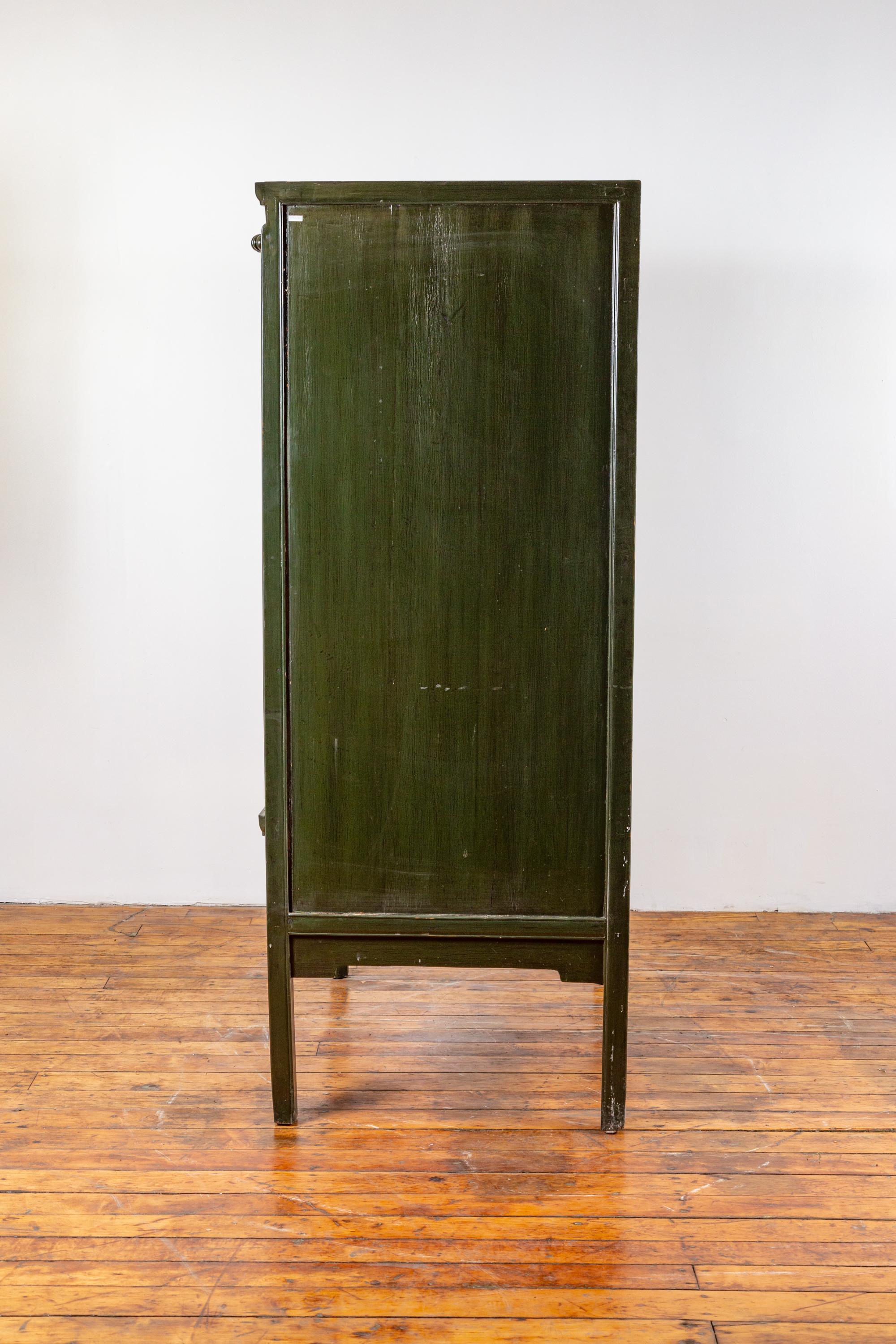 Chinese Vintage Dark Green Wedding Cabinet with Two Doors and Drawers, 1950s 3