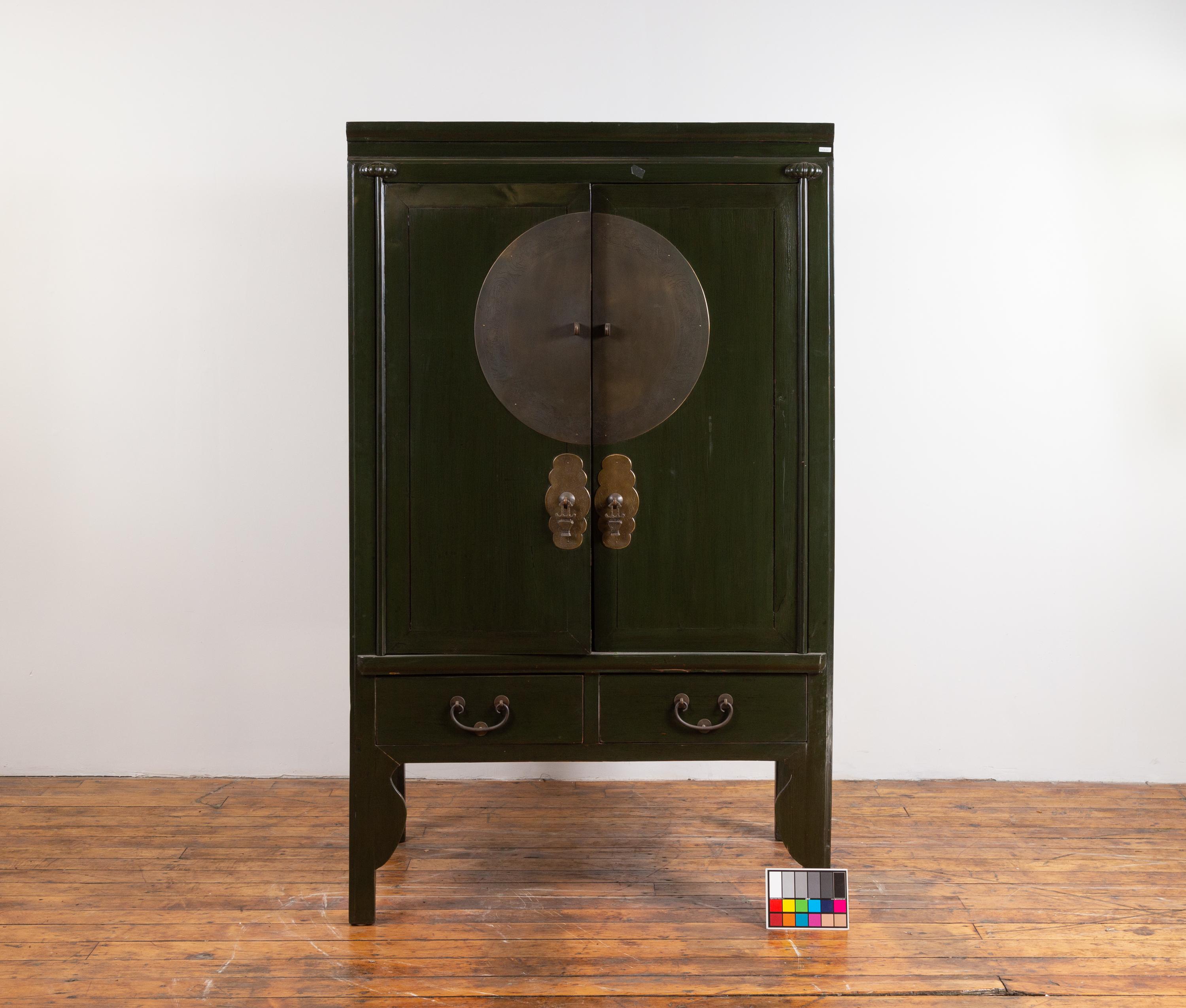 Chinese Vintage Dark Green Wedding Cabinet with Two Doors and Drawers, 1950s 4