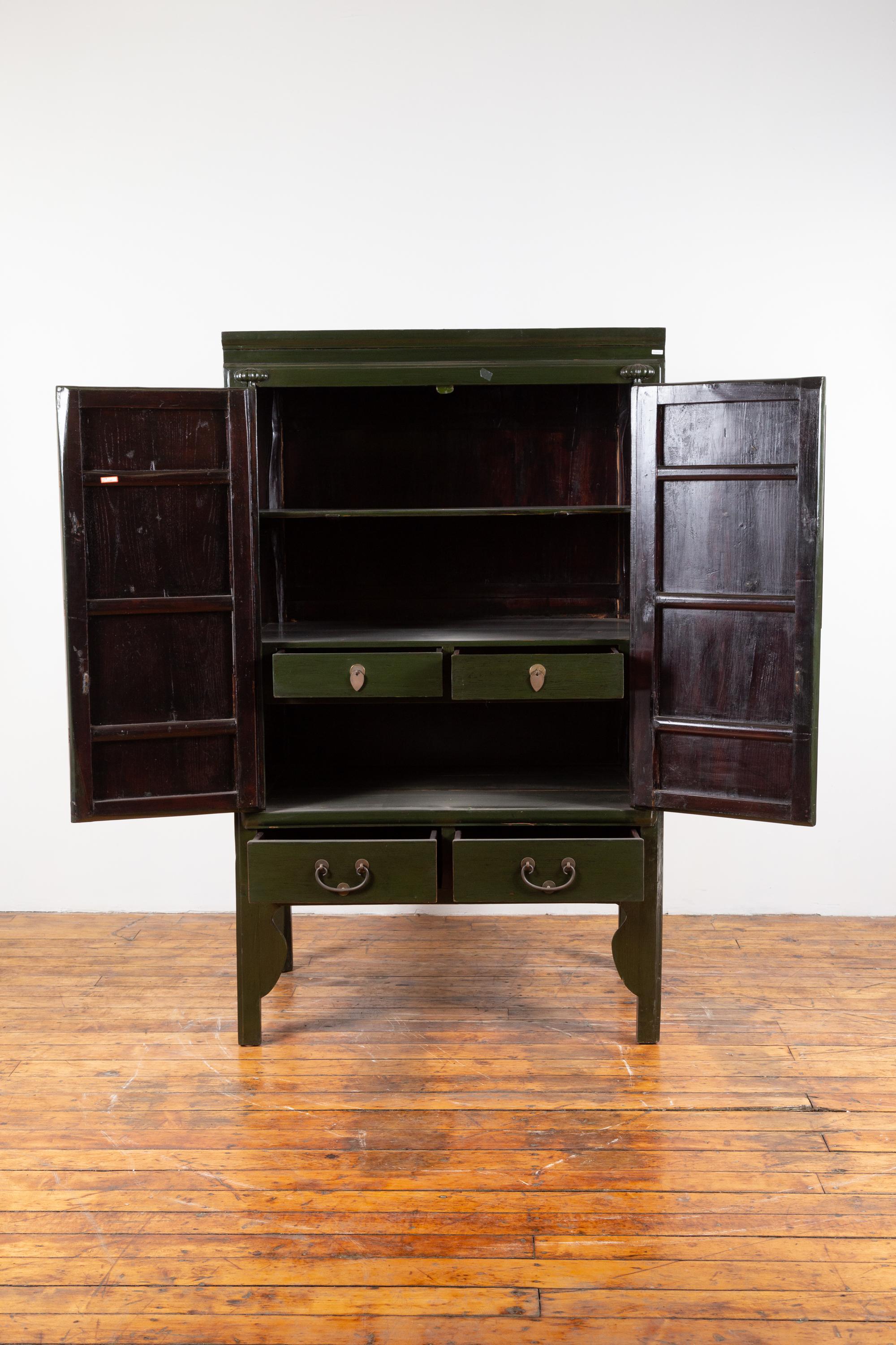 20th Century Chinese Vintage Dark Green Wedding Cabinet with Two Doors and Drawers, 1950s