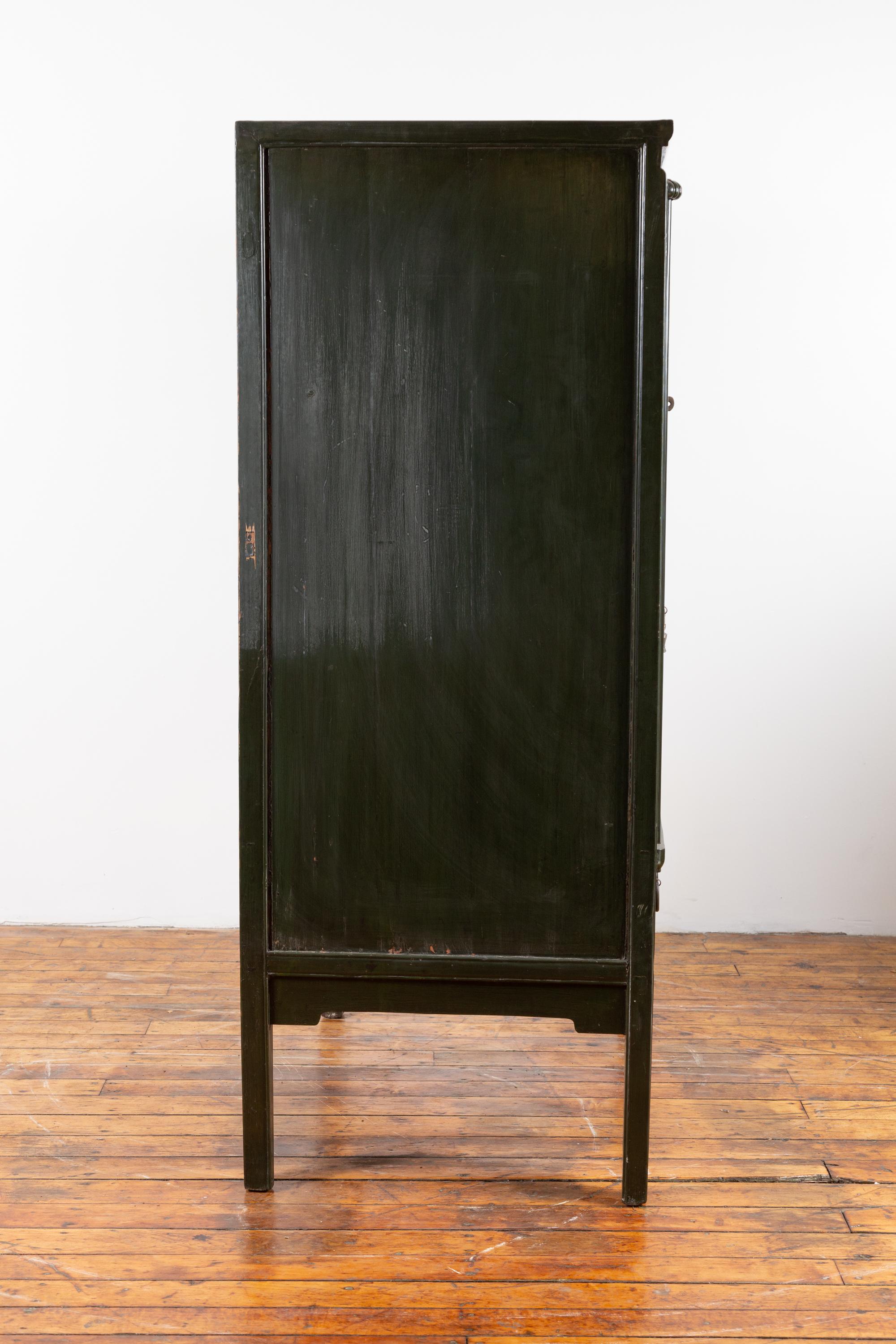 Wood Chinese Vintage Dark Green Wedding Cabinet with Two Doors and Drawers, 1950s