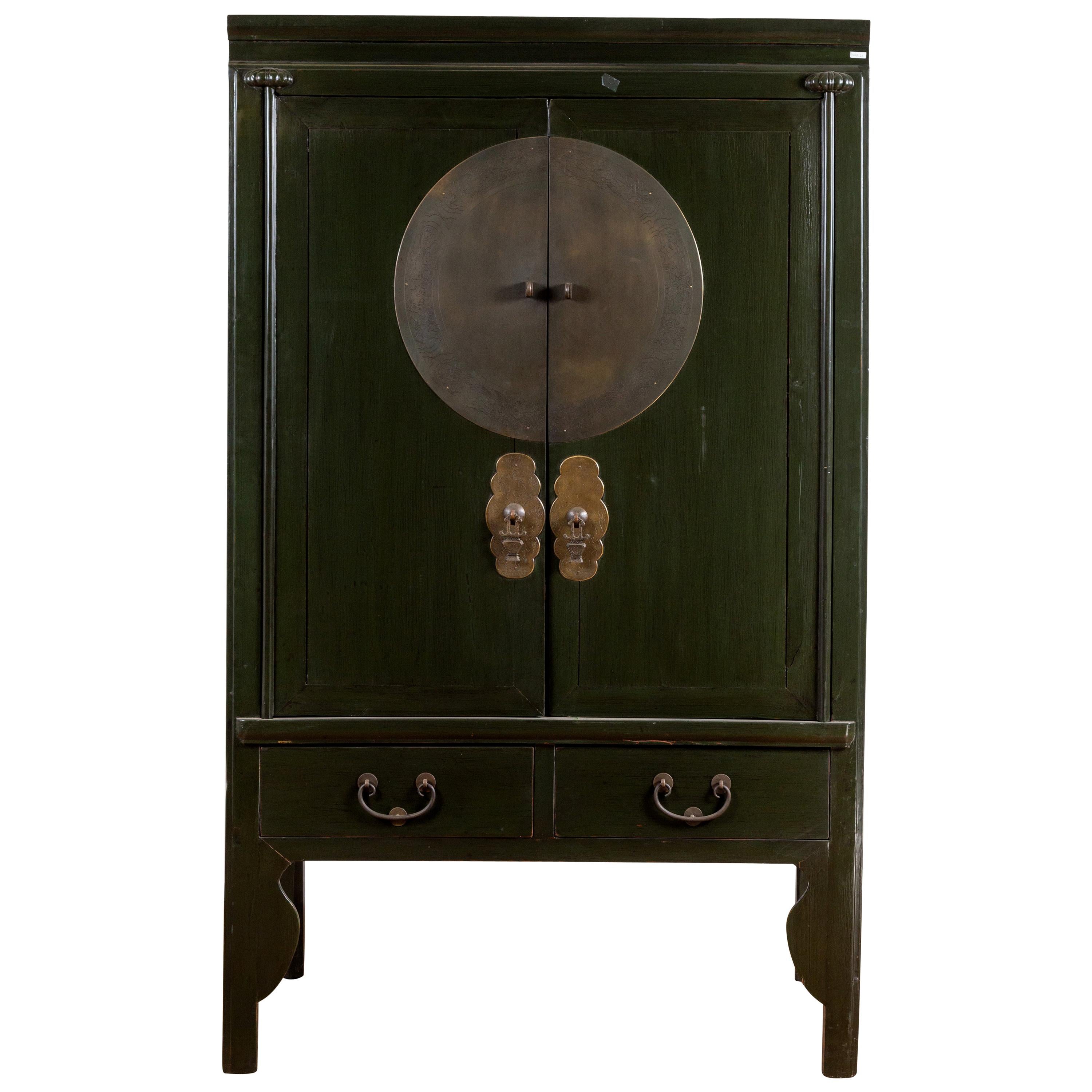 Chinese Vintage Dark Green Wedding Cabinet with Two Doors and Drawers, 1950s