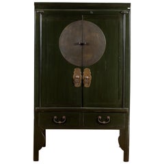 Chinese Retro Dark Green Wedding Cabinet with Two Doors and Drawers, 1950s