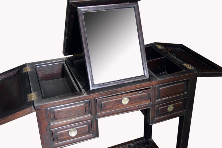 Chinese Vintage Dark Lacquered Wood Dressing Table With Mirror And