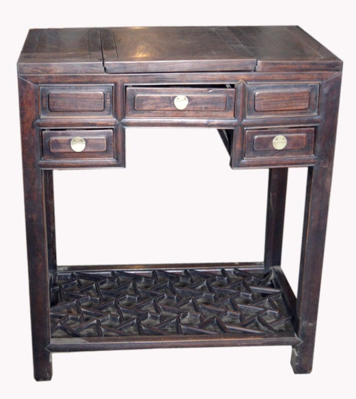 Chinese Vintage Dark Lacquered Wood Dressing Table With Mirror And