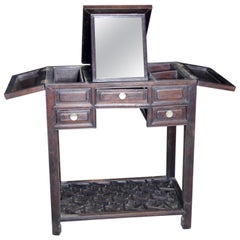 Chinese Retro Dark Lacquered Wood Dressing Table with Mirror and Drawers