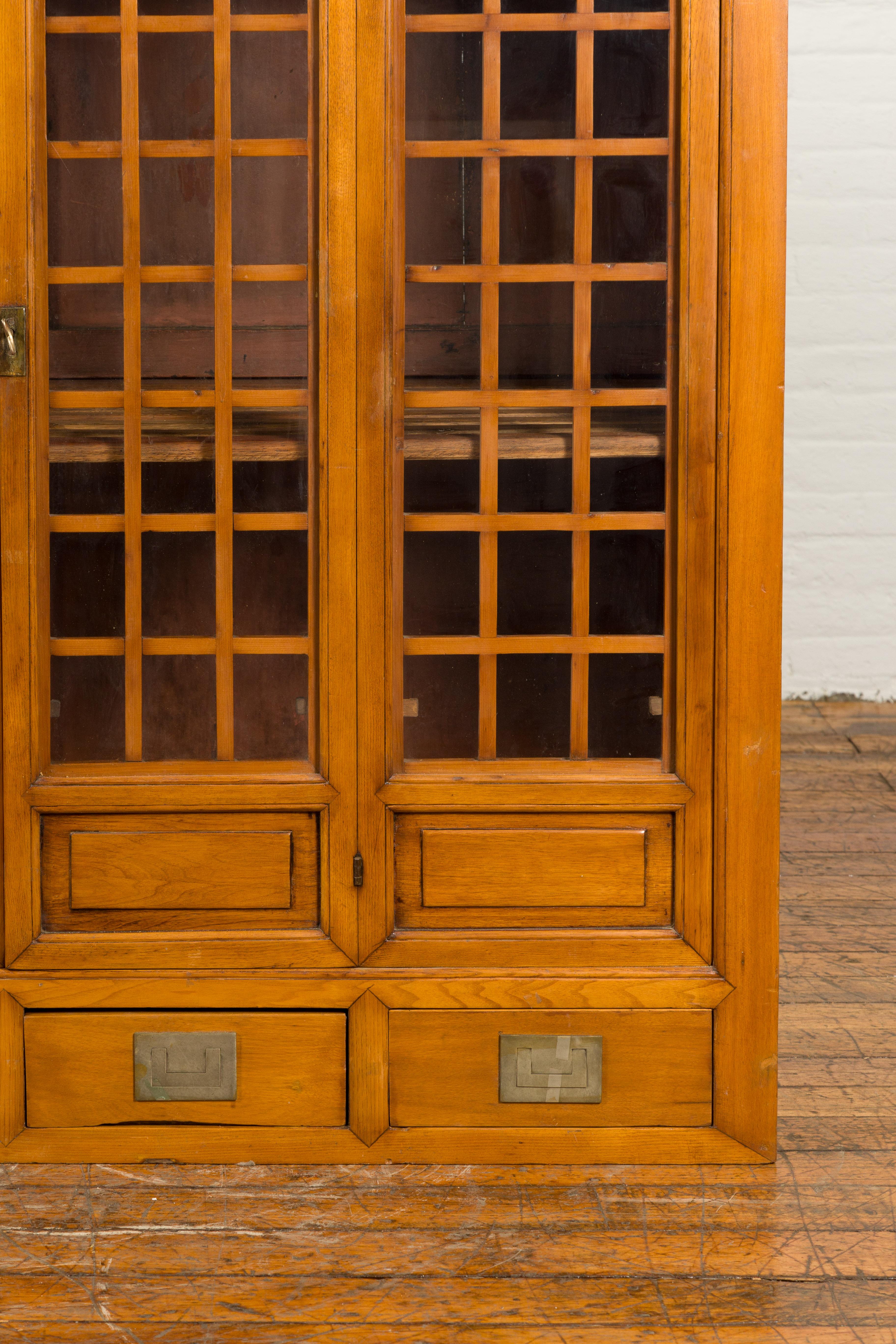 Chinese Vintage Display Cabinet with Paneled Glass Doors and Four Drawers For Sale 2