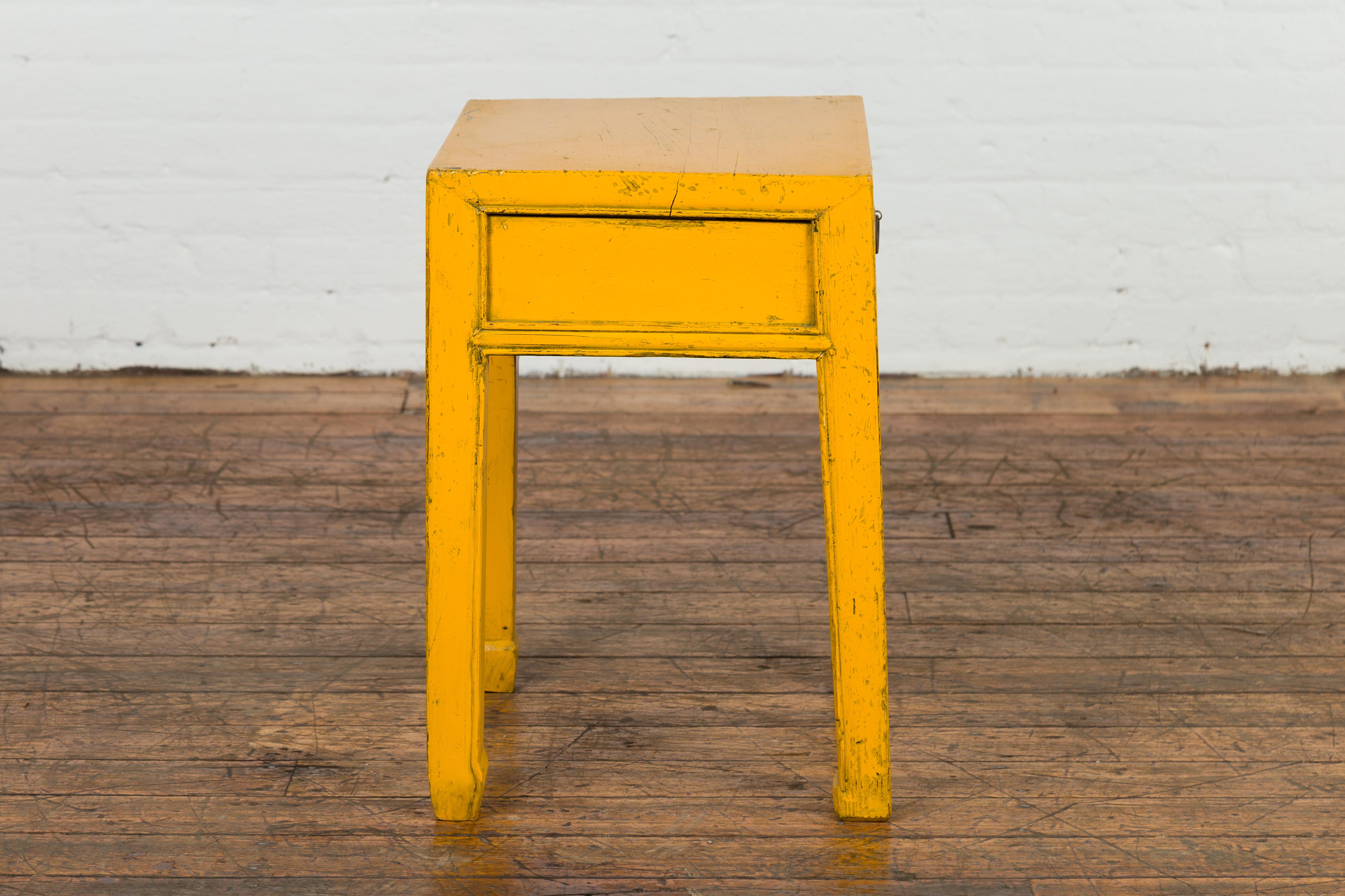 Chinese Vintage Distressed Yellow Lacquer with Single Drawer and Horse Hoof Feet For Sale 4