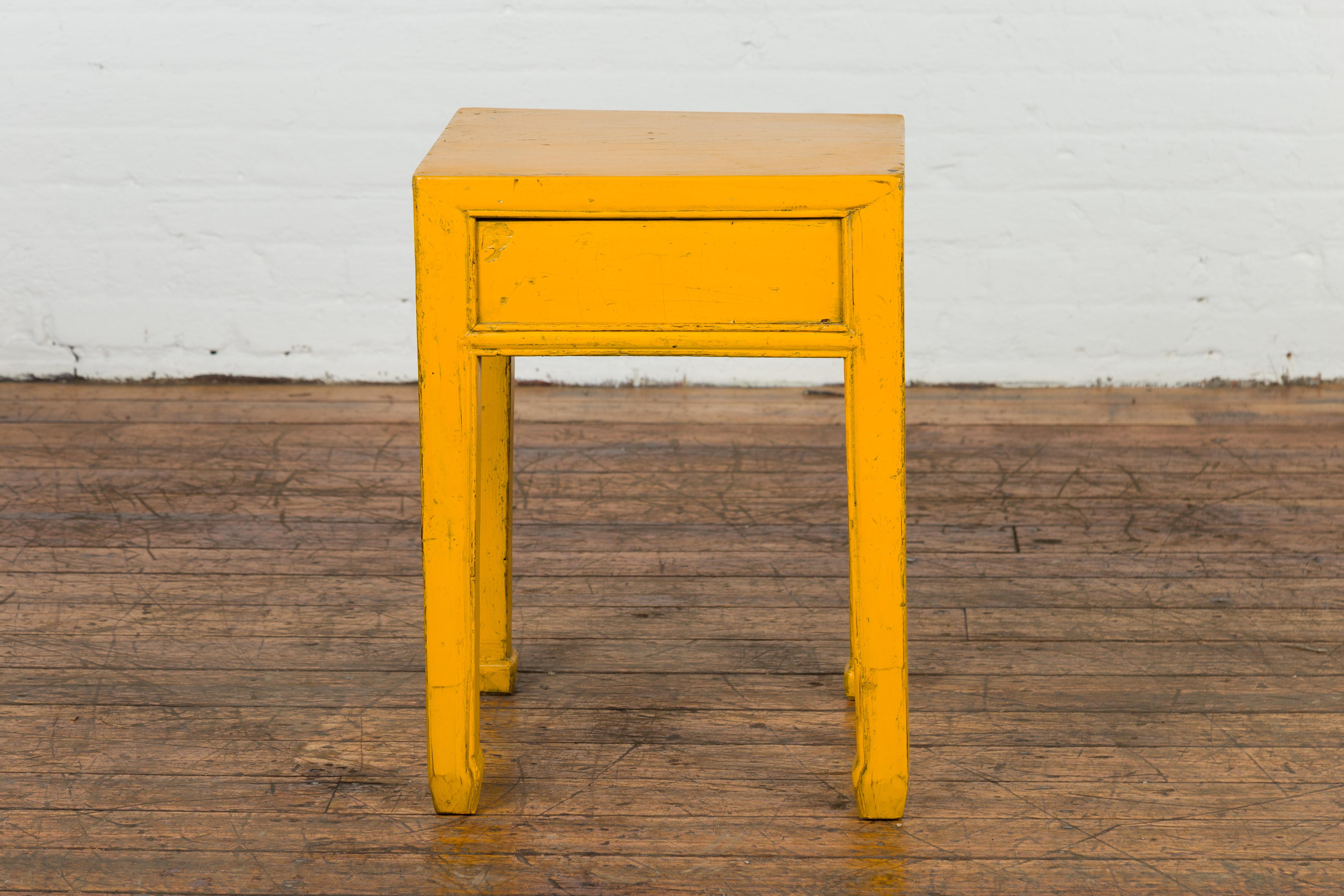 Chinese Vintage Distressed Yellow Lacquer with Single Drawer and Horse Hoof Feet For Sale 5