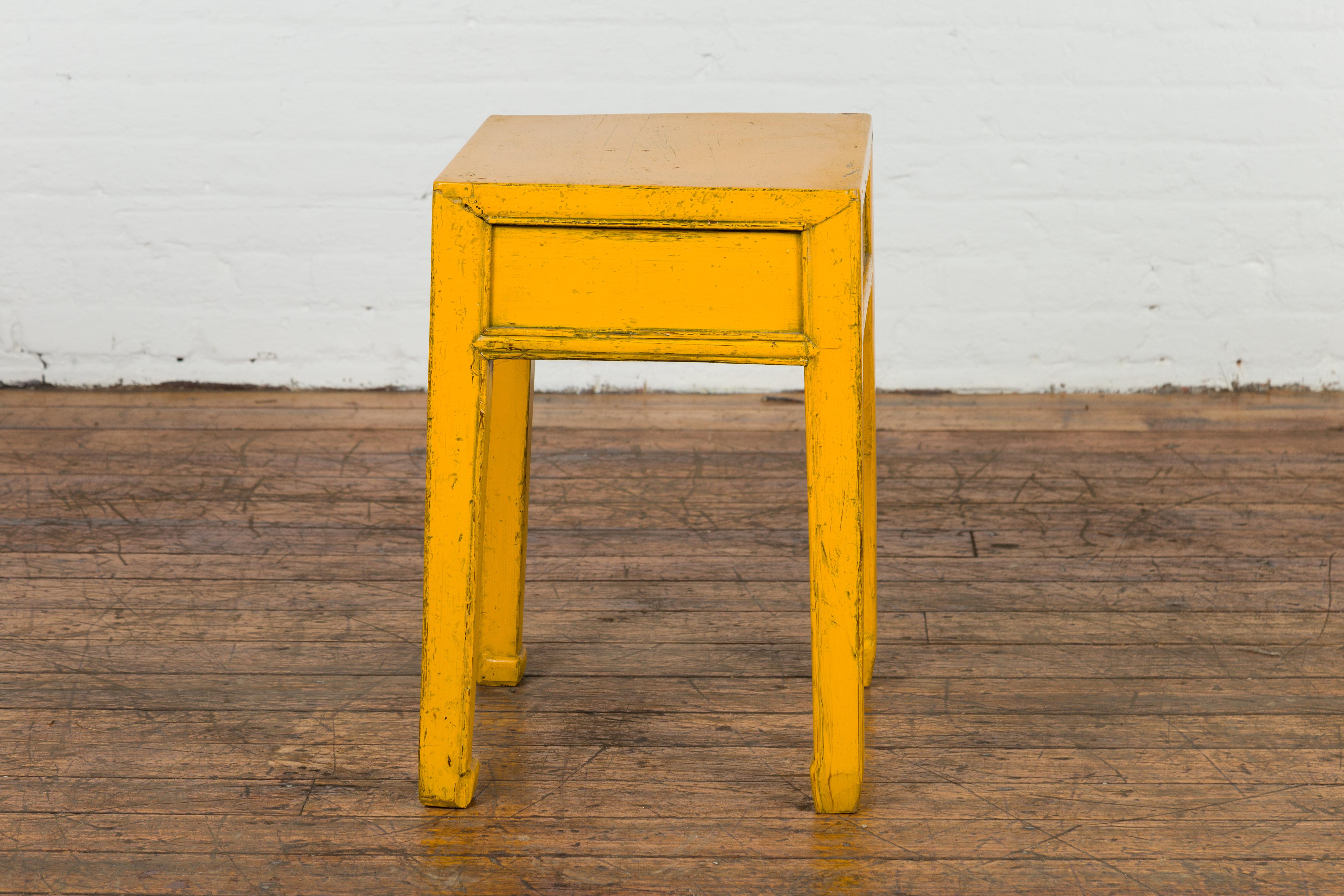Chinese Vintage Distressed Yellow Lacquer with Single Drawer and Horse Hoof Feet For Sale 6