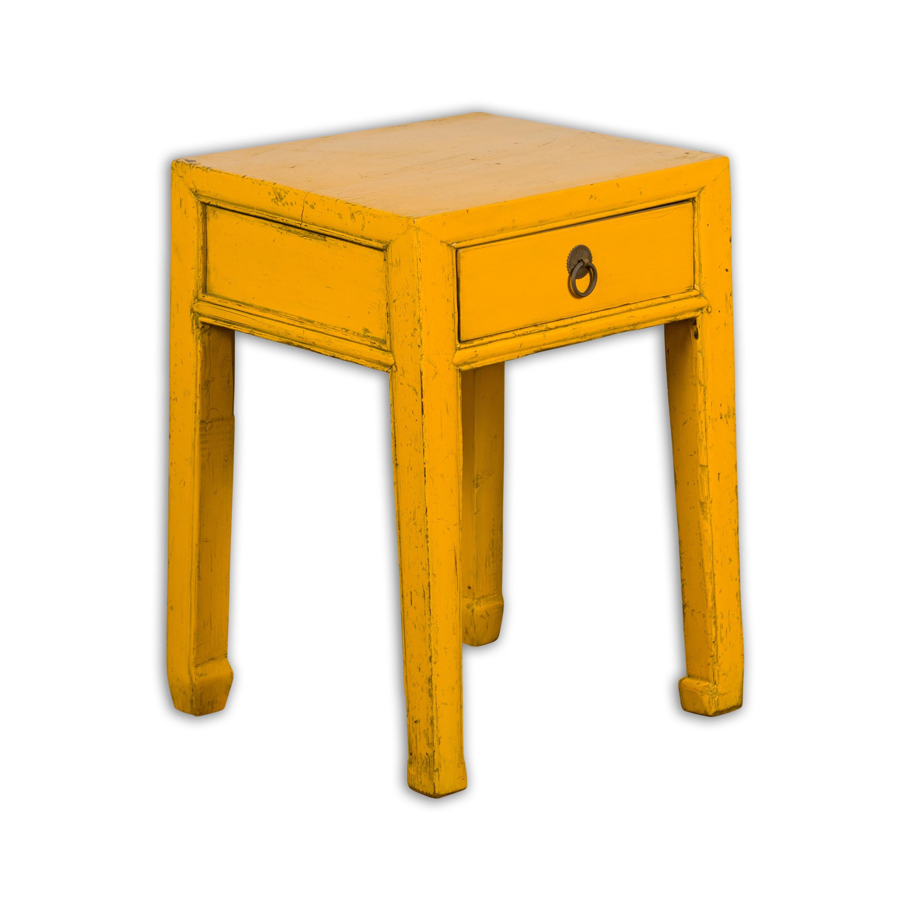 Chinese Vintage Distressed Yellow Lacquer with Single Drawer and Horse Hoof Feet For Sale 7