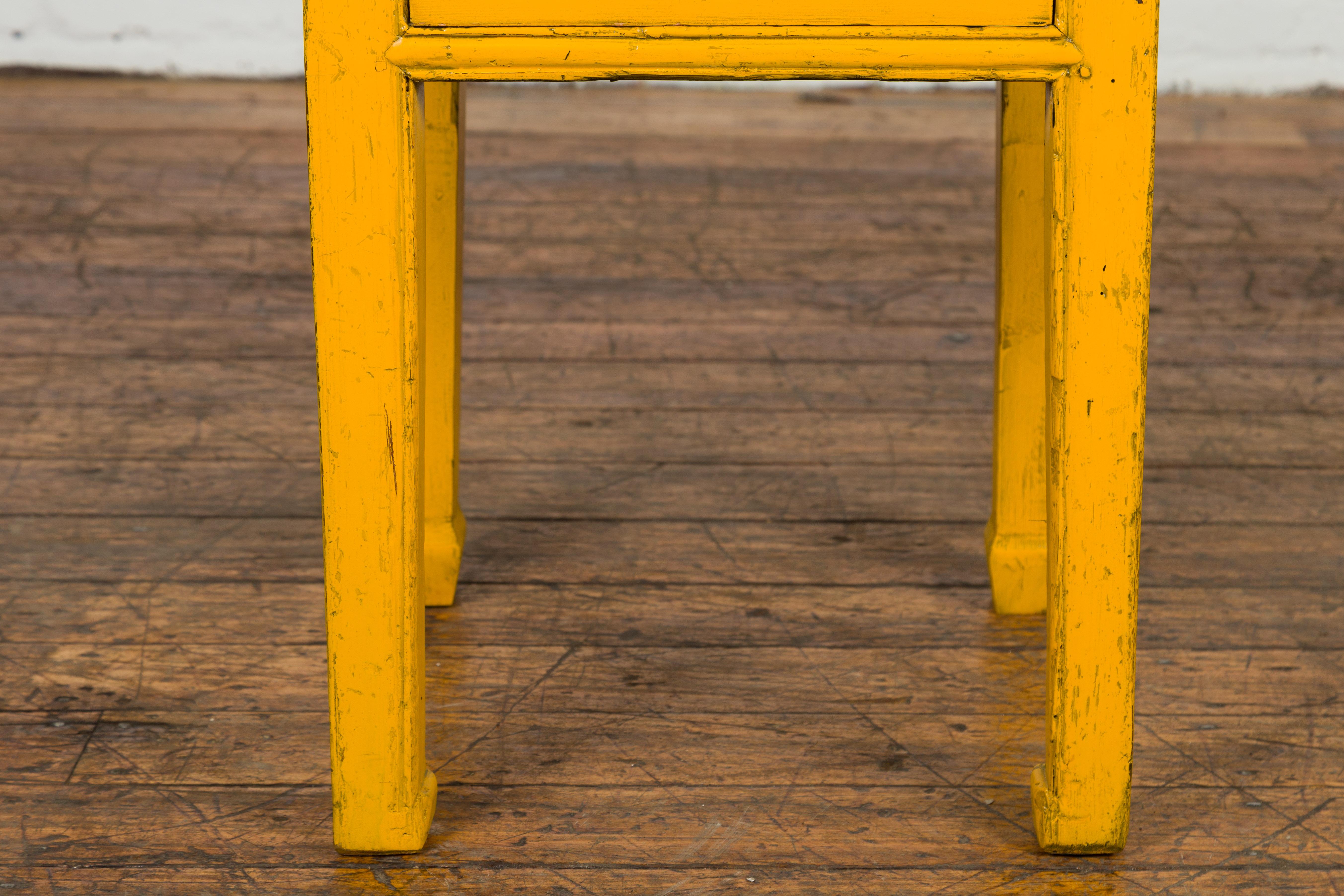 Chinese Vintage Distressed Yellow Lacquer with Single Drawer and Horse Hoof Feet In Good Condition For Sale In Yonkers, NY